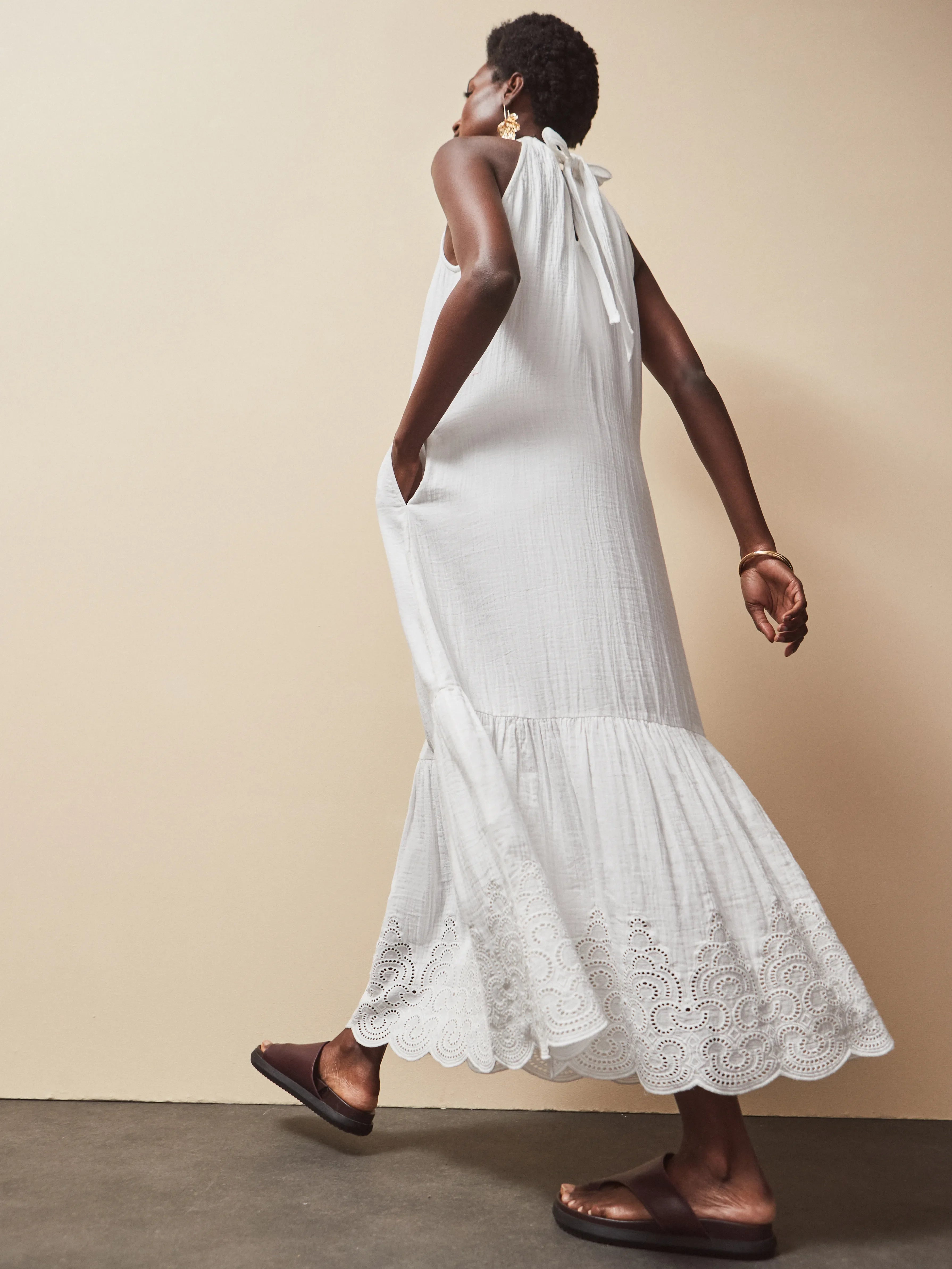White Broderie Hem Cheesecloth Maxi Dress