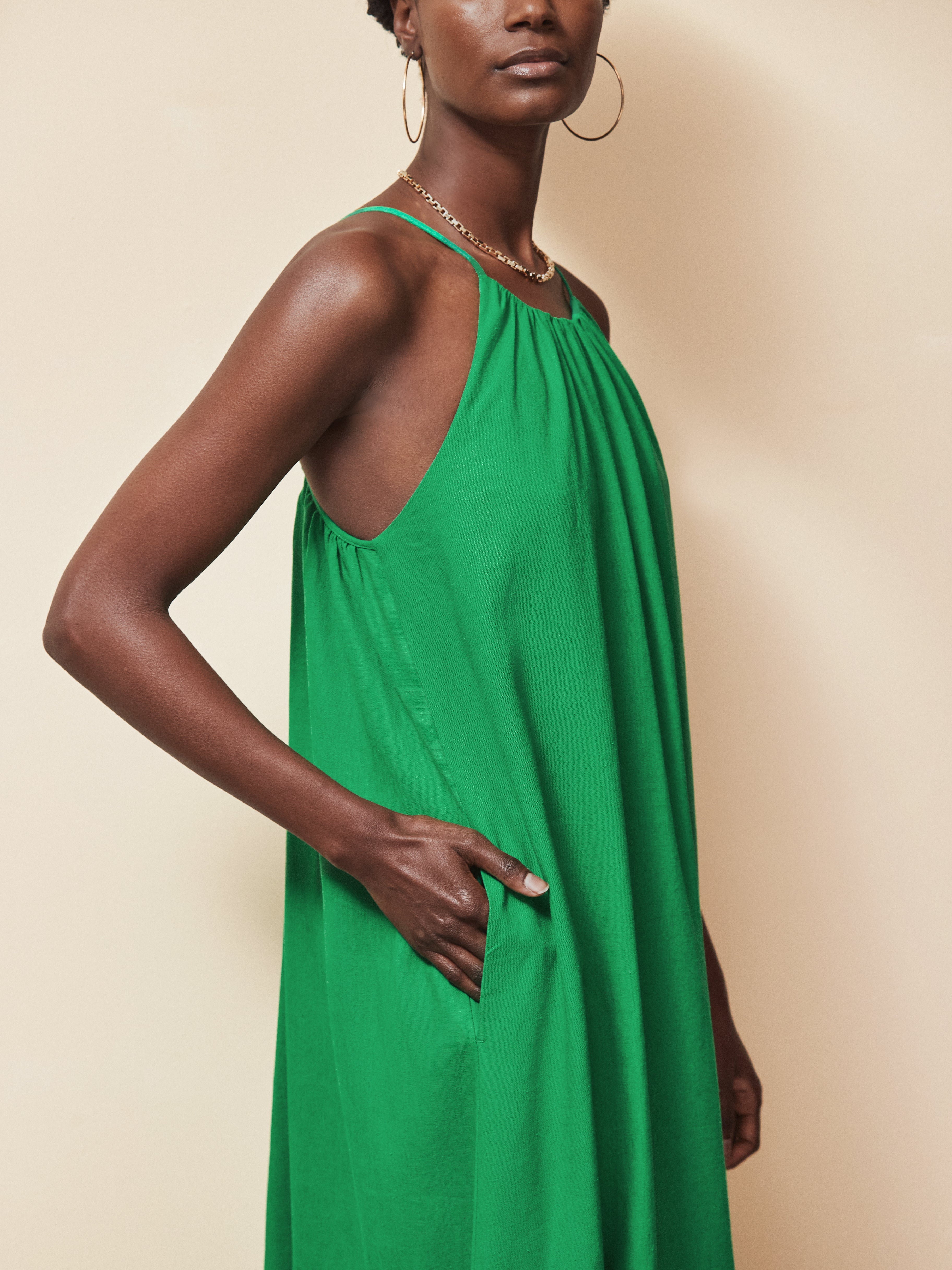 Green Linen Blend Tie Detail Maxi Dress