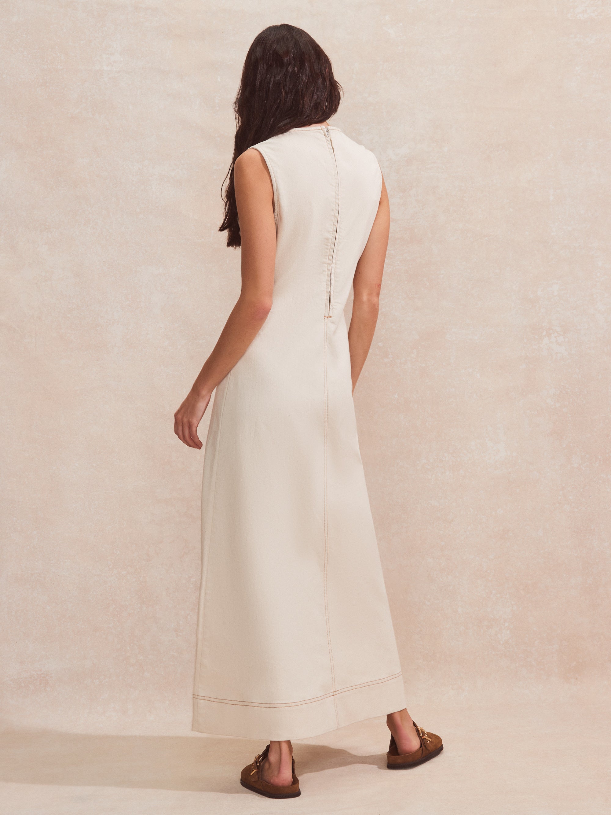 Ecru V-Neck Denim Maxi Dress