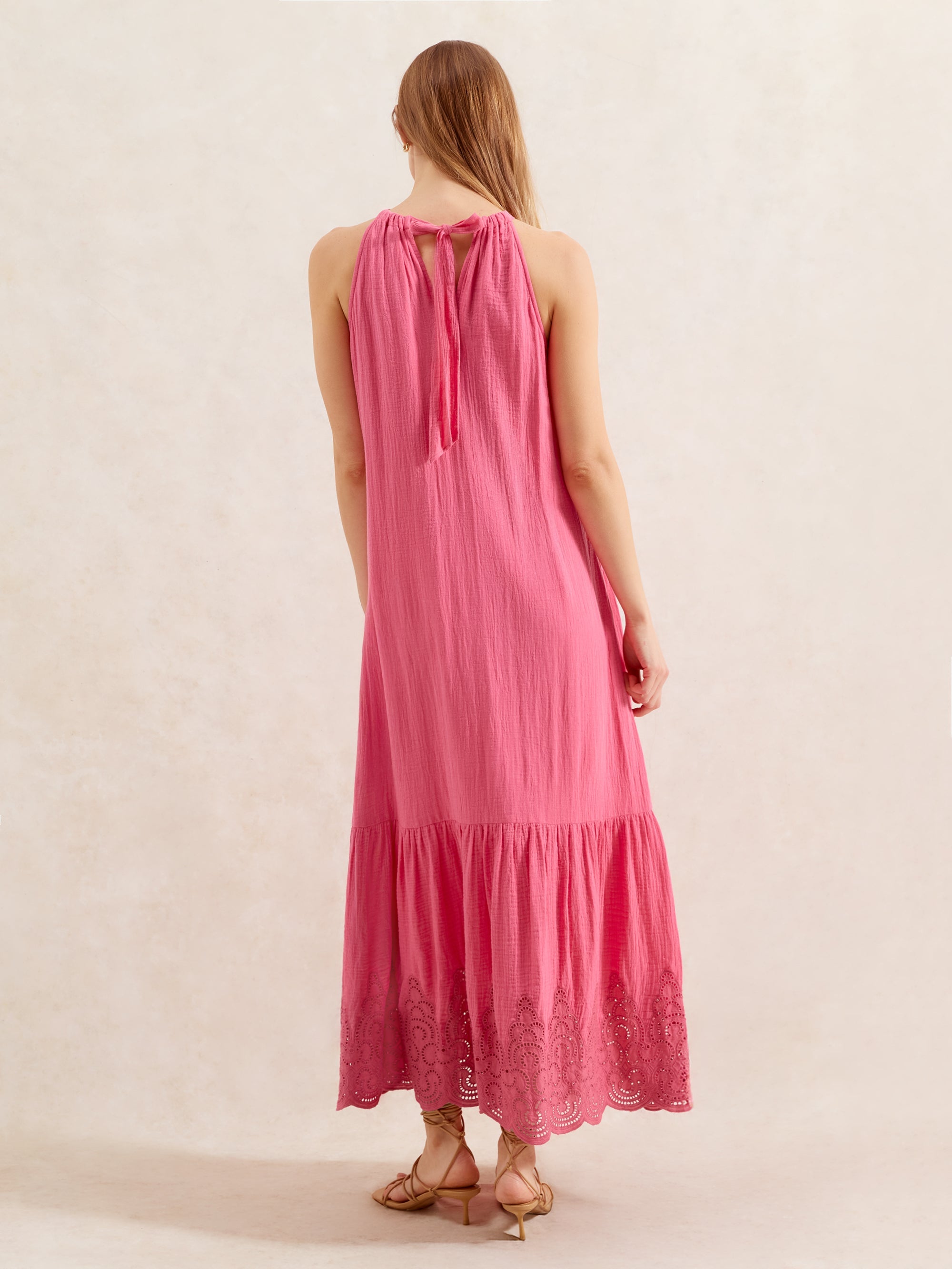 Pink Broderie Hem Cheesecloth Maxi Dress