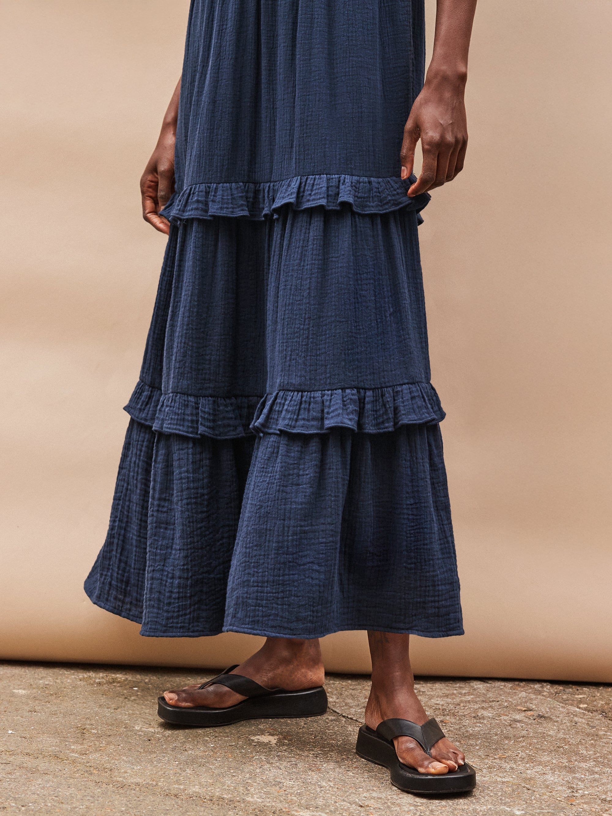 Navy V-Neck Cheesecloth Midaxi Dress