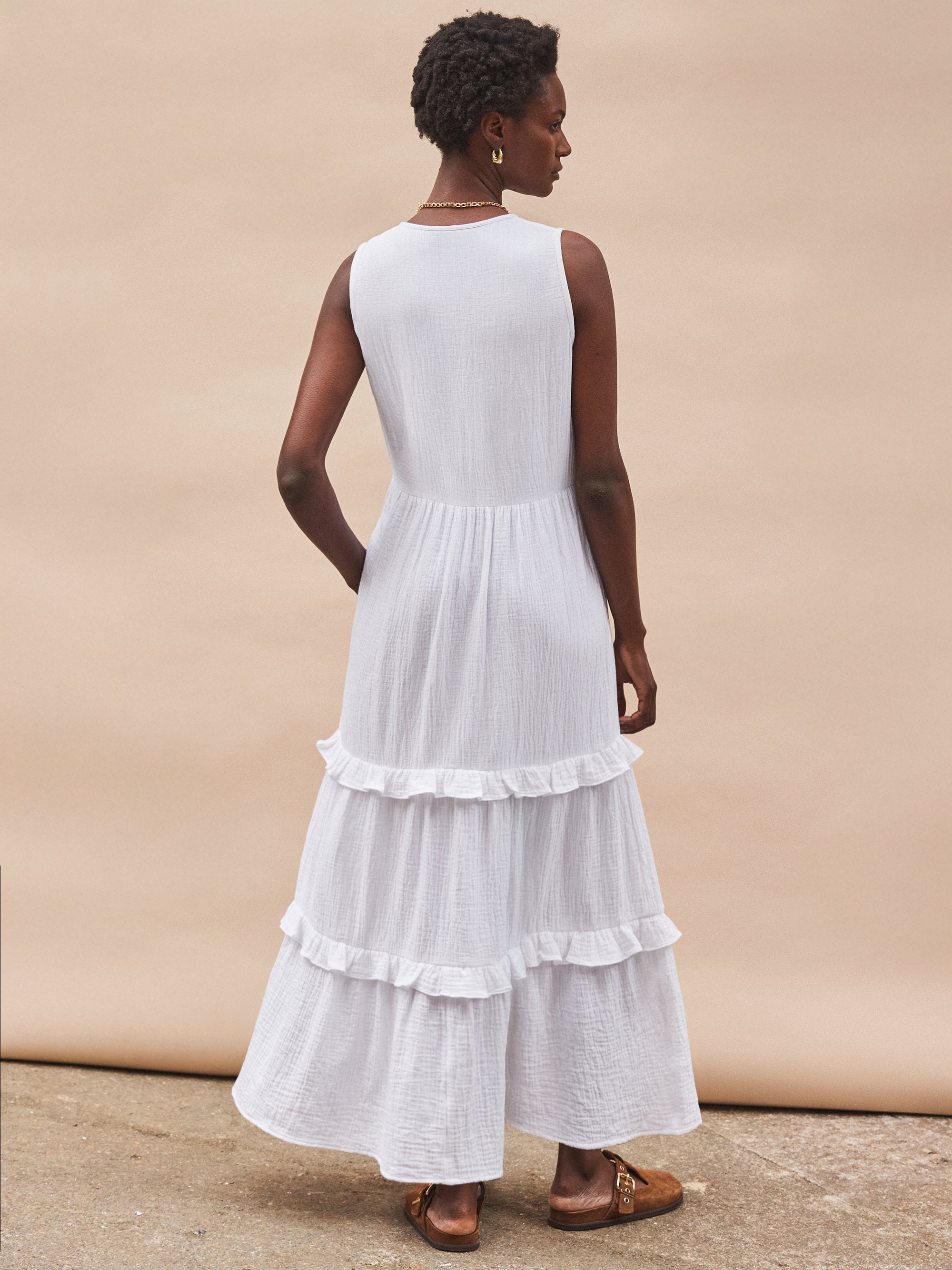 White V-Neck Cheesecloth Midaxi Dress