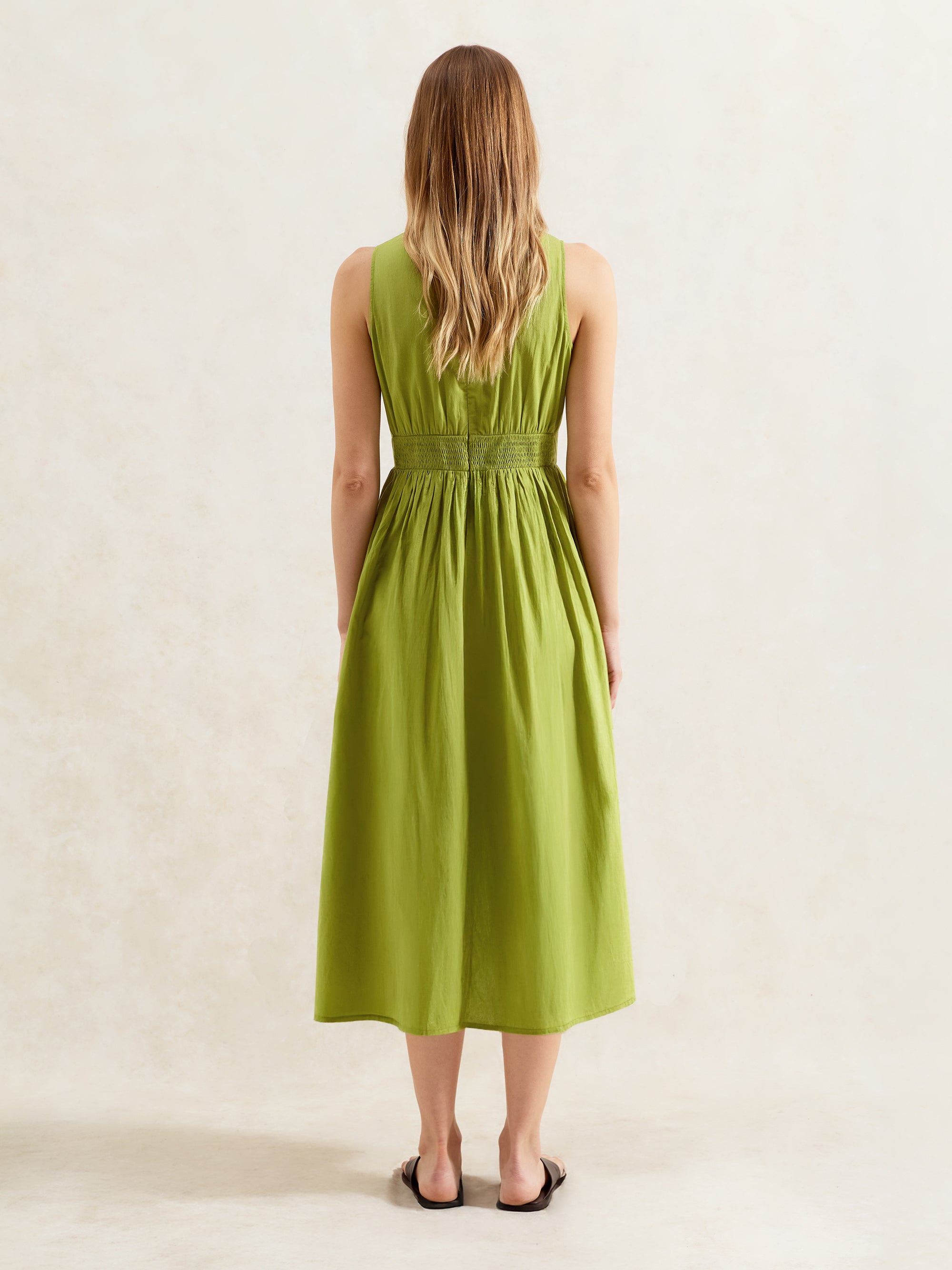 Green Cotton Voile Keyhole Front Midi Dress