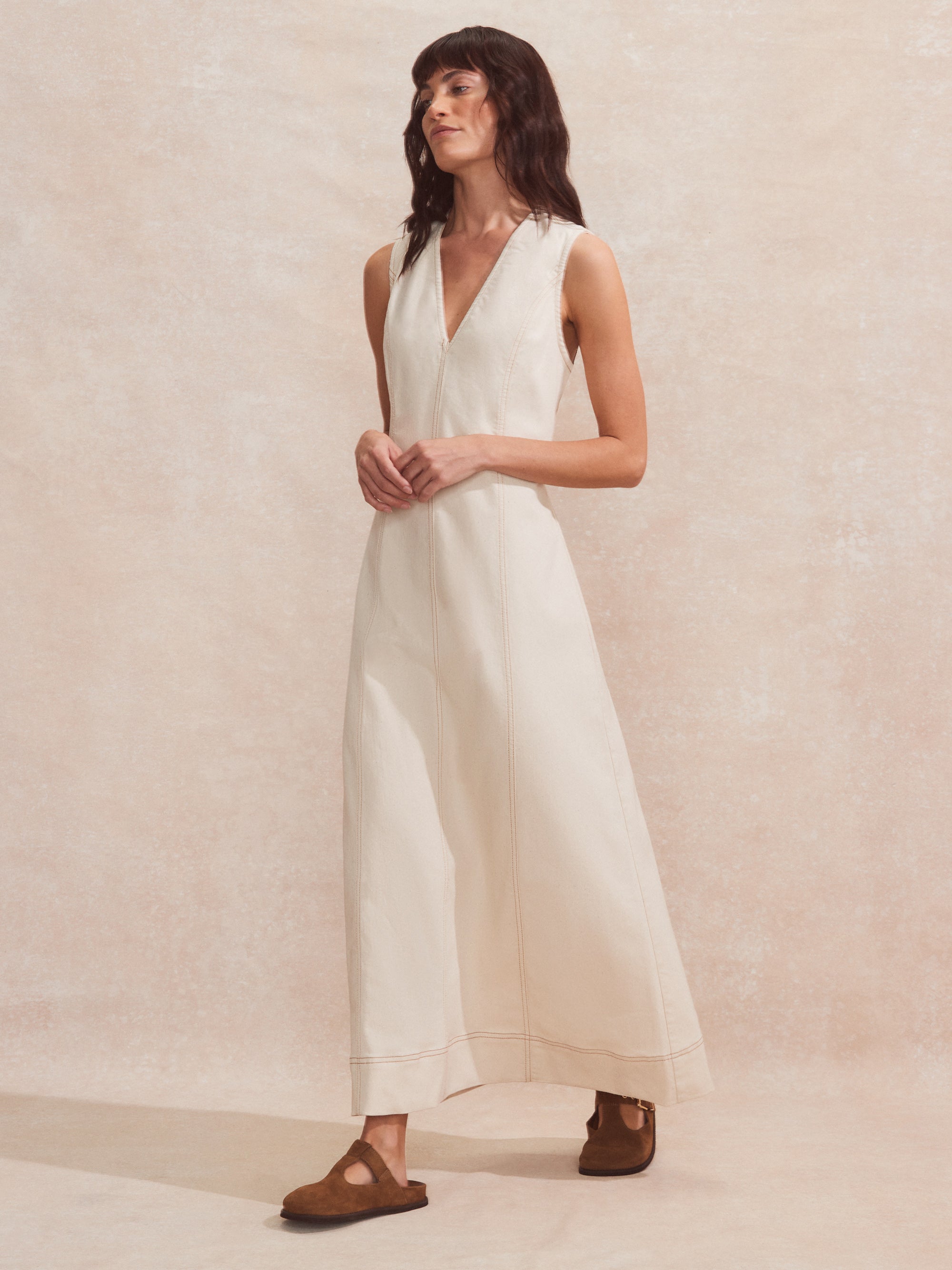 Ecru V-Neck Denim Maxi Dress