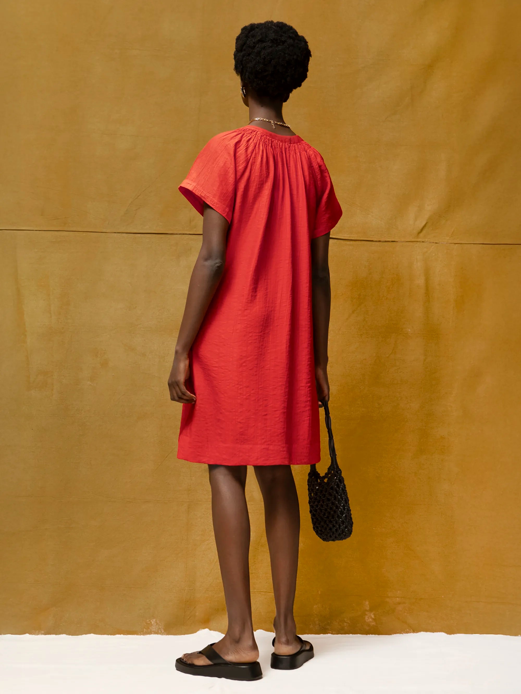 Red Gathered-Detail Short Dress