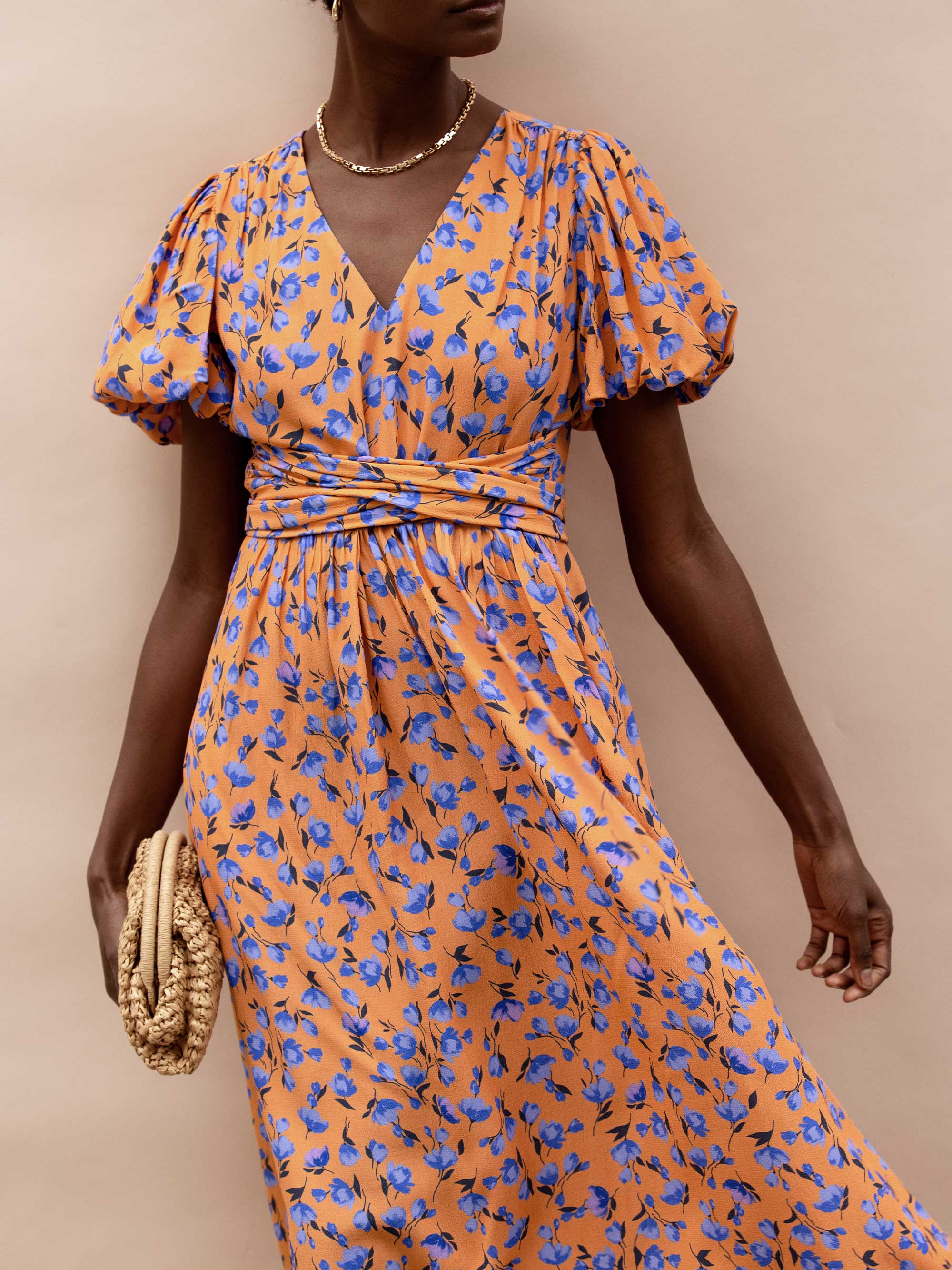 Orange And Blue Floral Puff Sleeve Dress