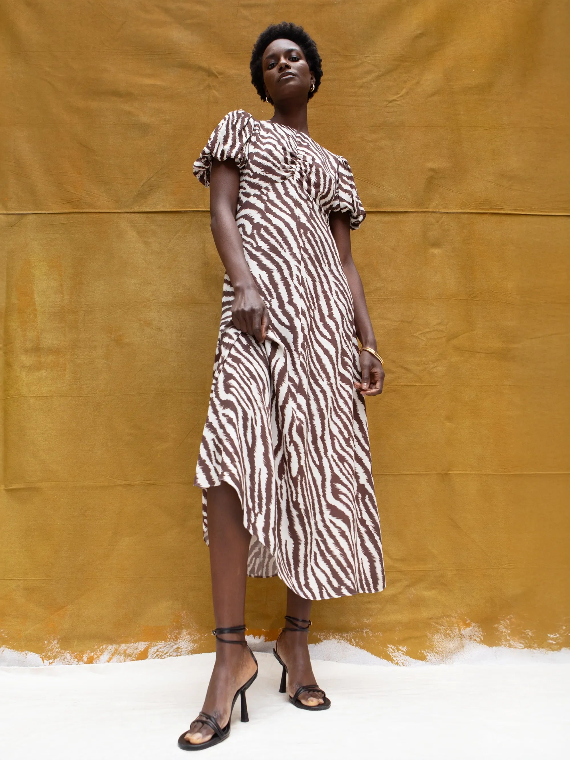 Brown Zebra Print Puff Sleeve Dress