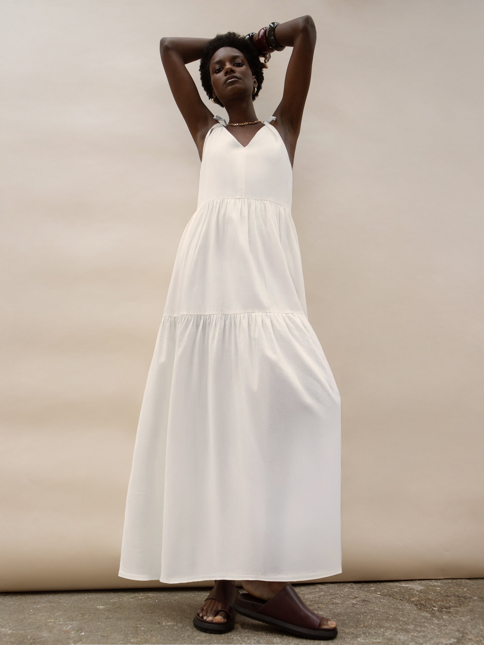Cream Linen Tie Strap Dress
