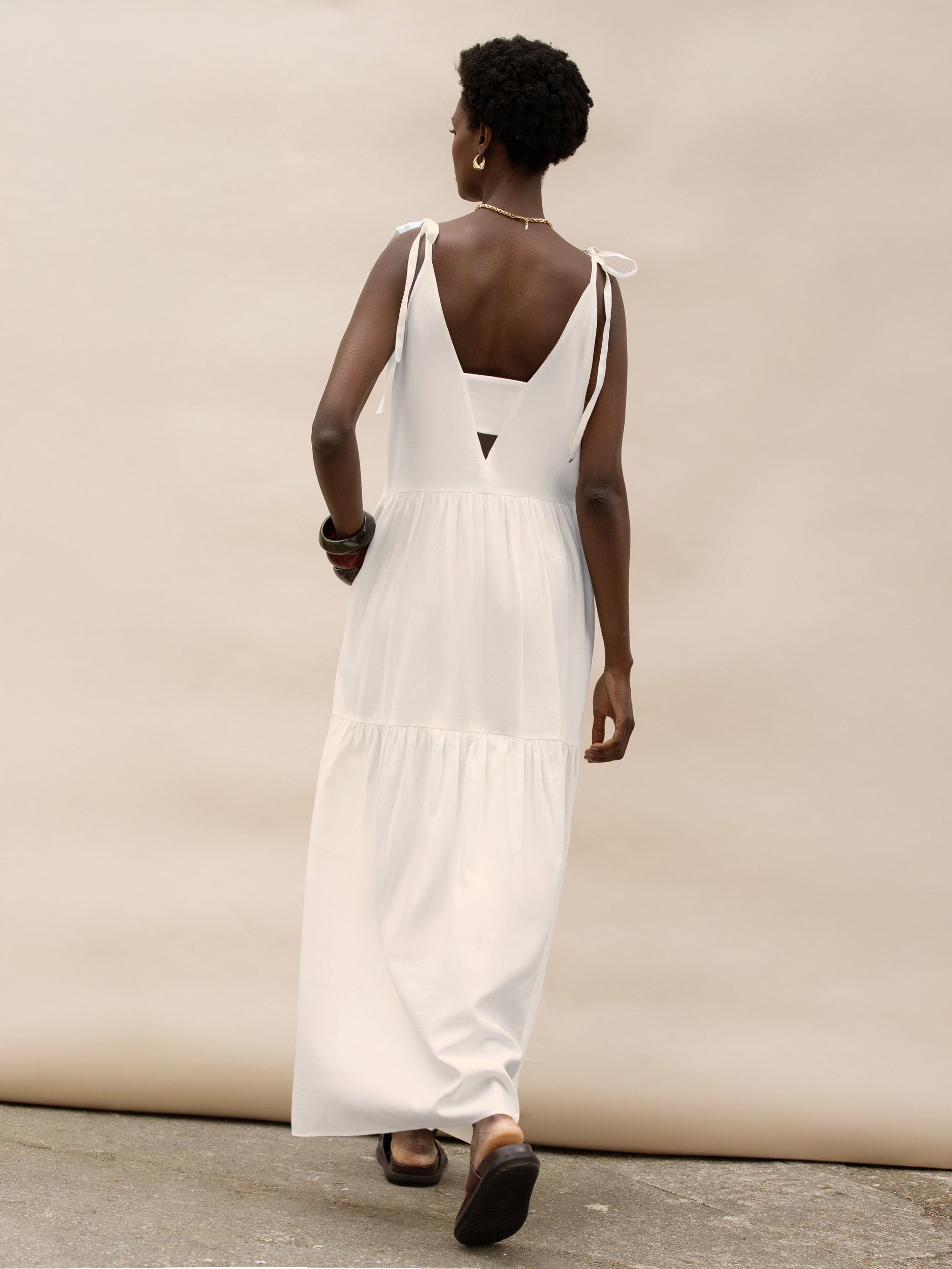 Cream Linen Tie Strap Dress