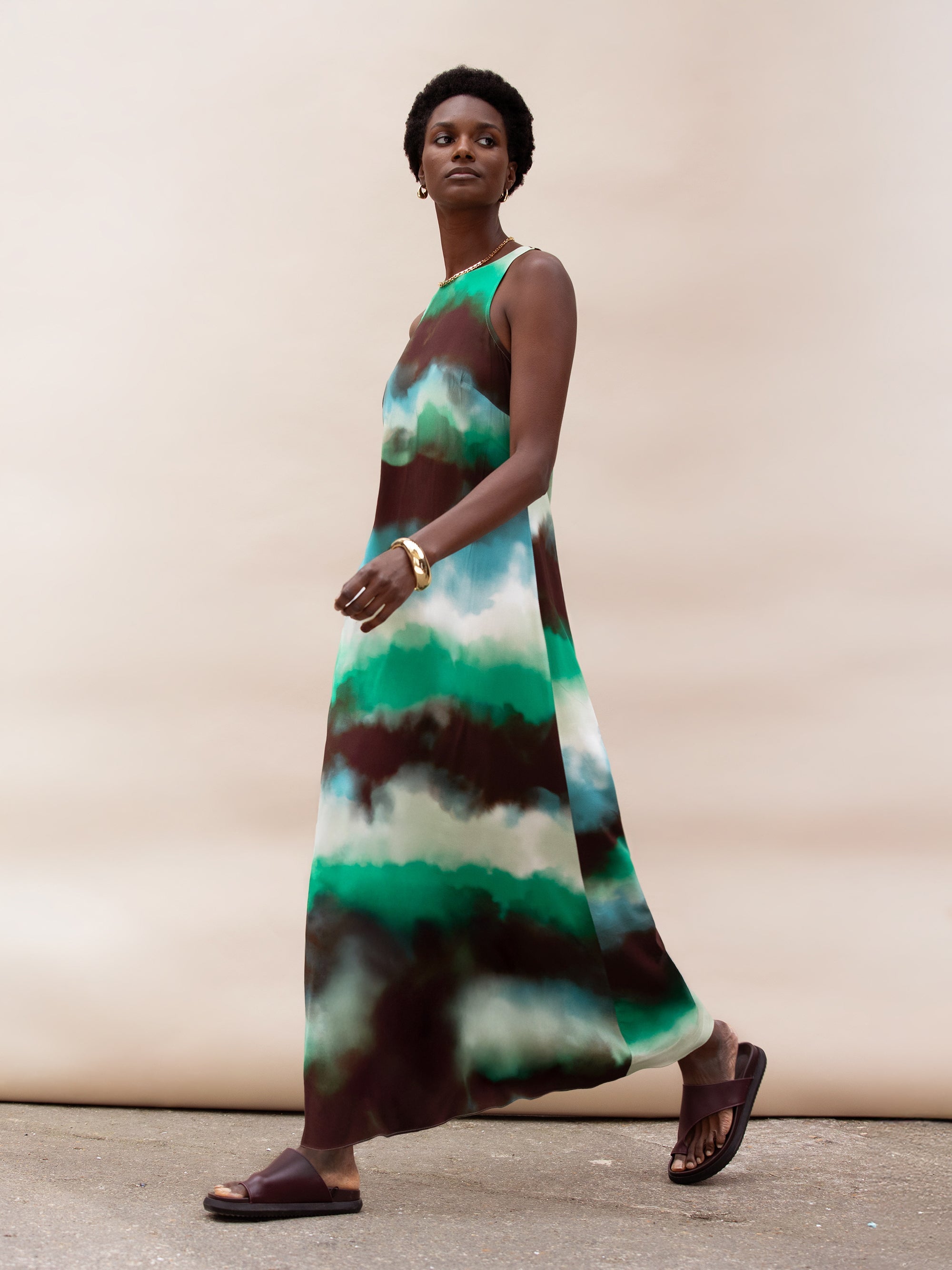 Green Watercolour Print Midi Dress