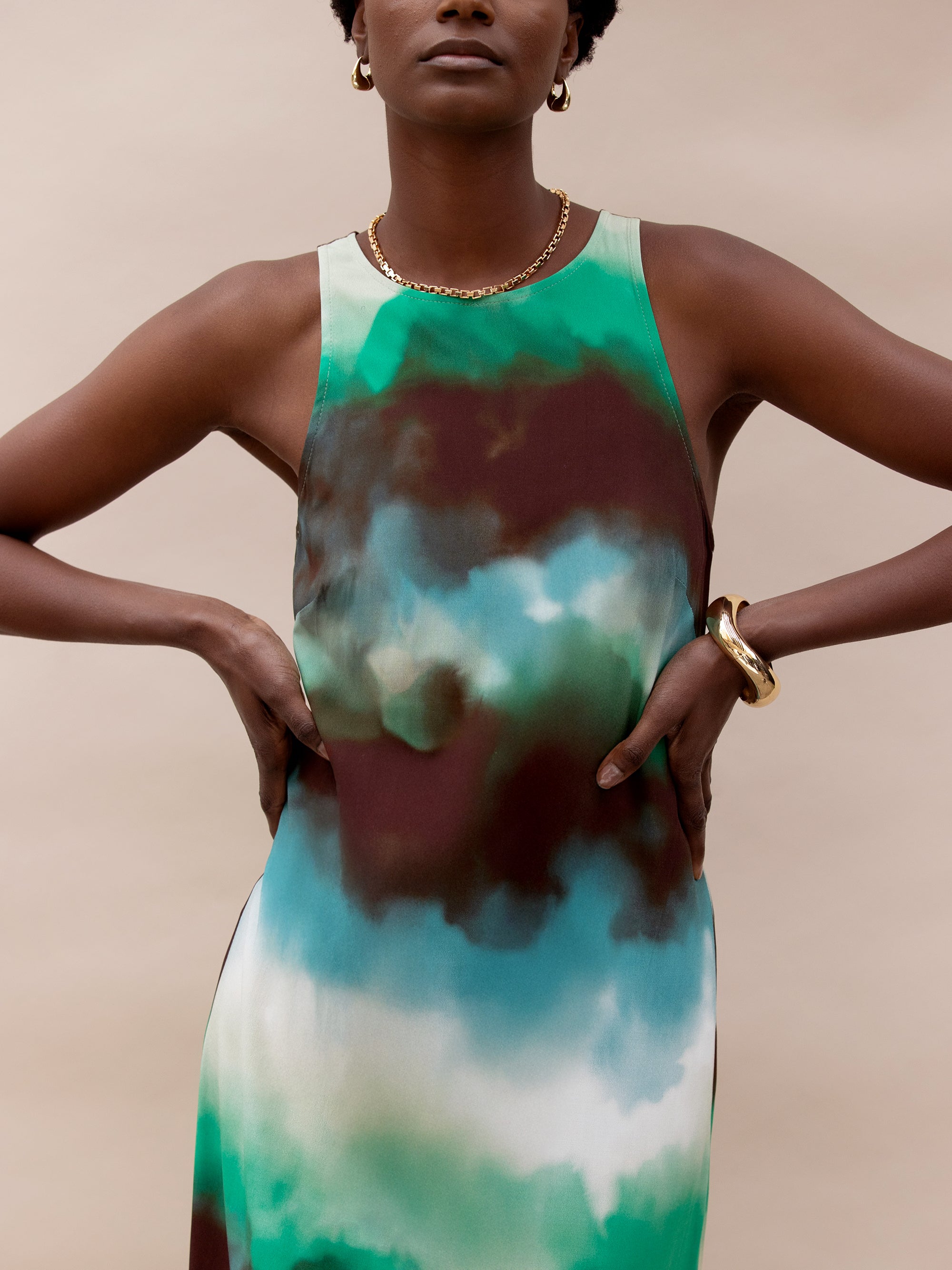 Green Watercolour Print Midi Dress