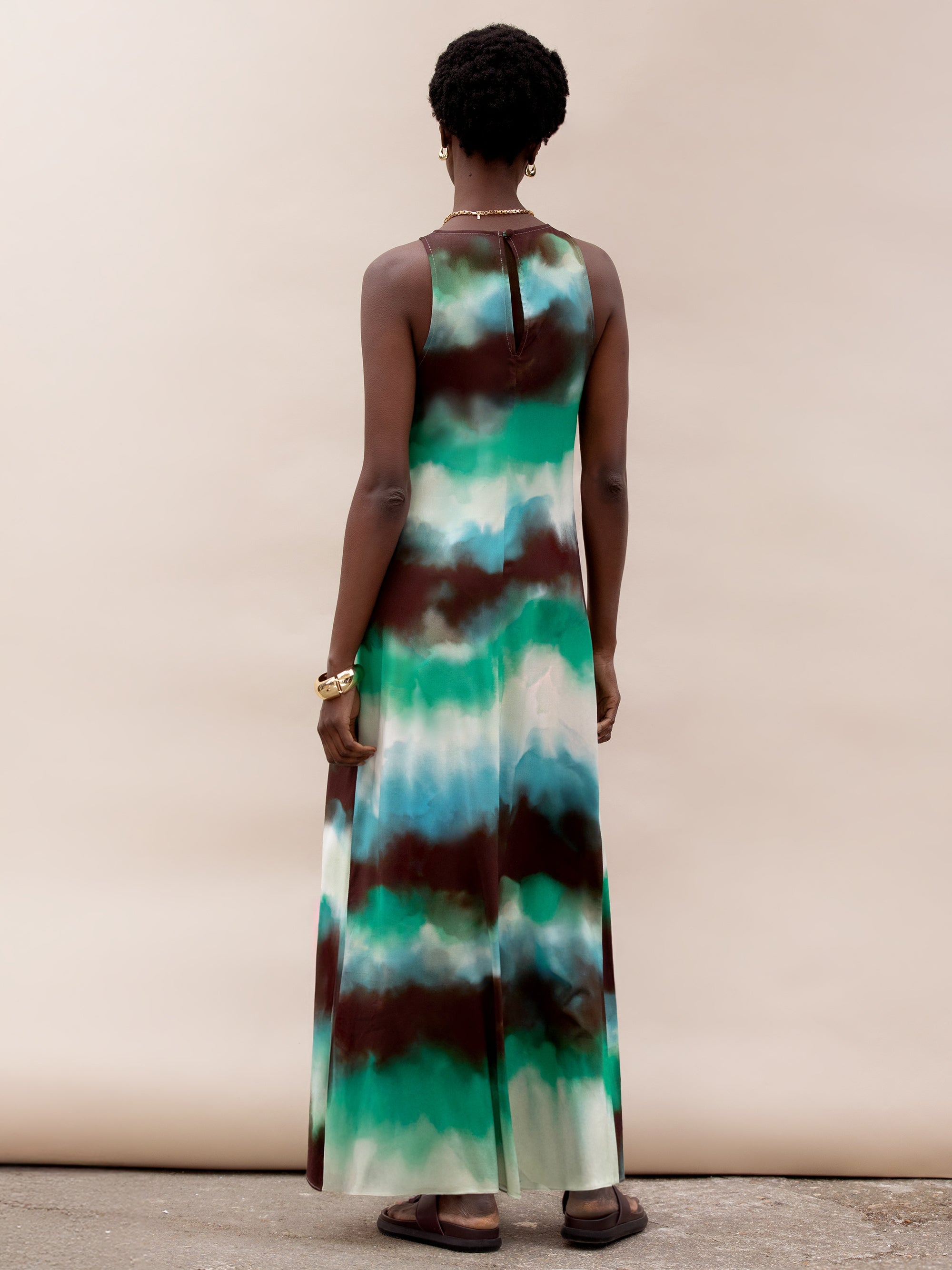 Green Watercolour Print Midi Dress