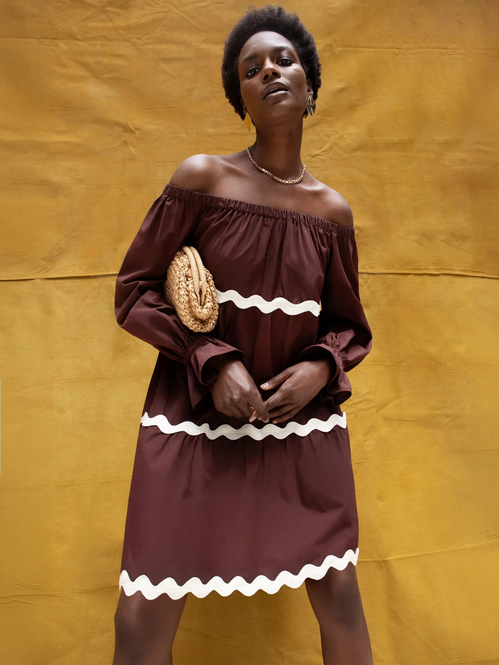 Brown Bardot Contrast Trim Dress