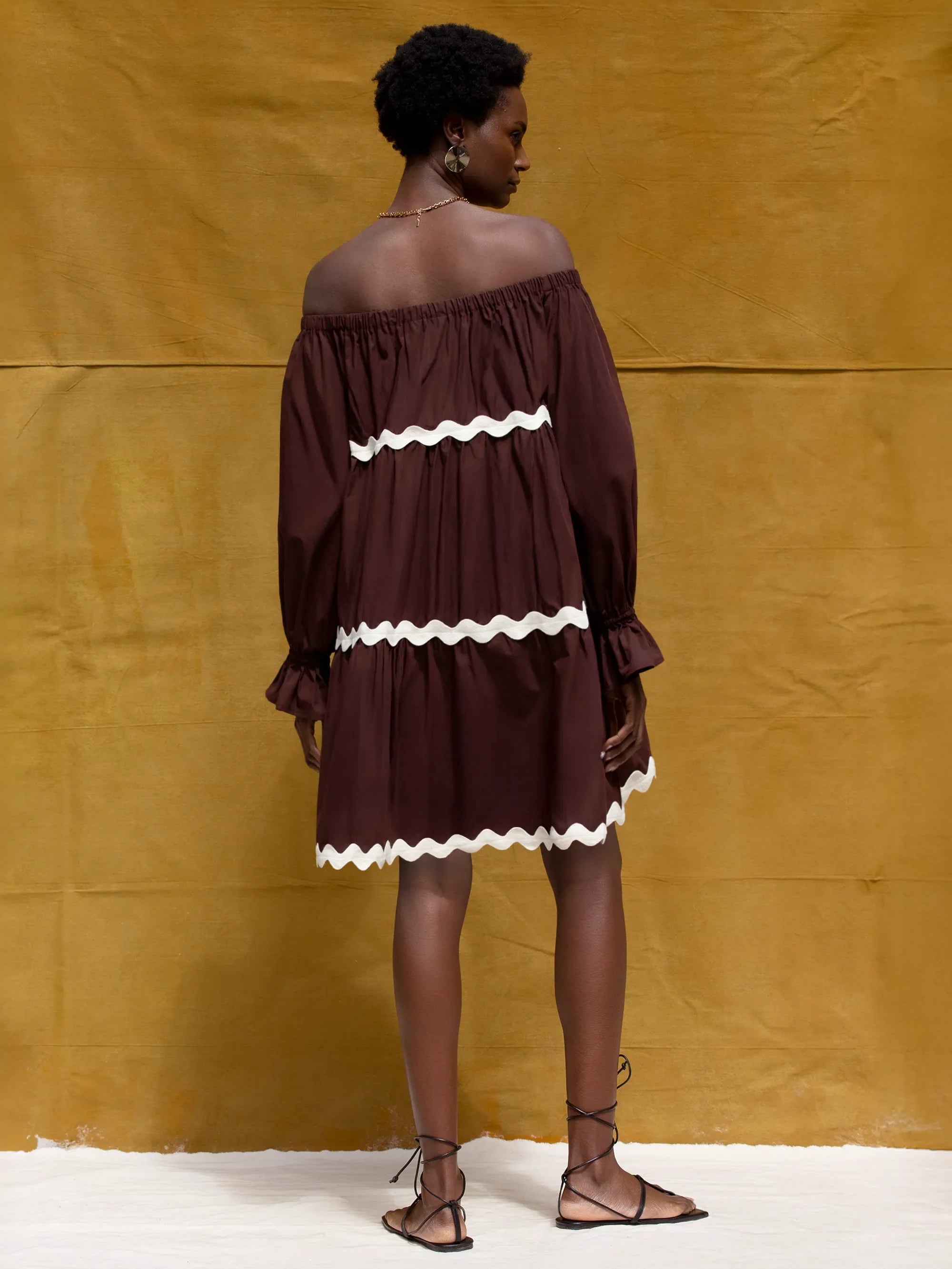 Brown Bardot Contrast Trim Dress