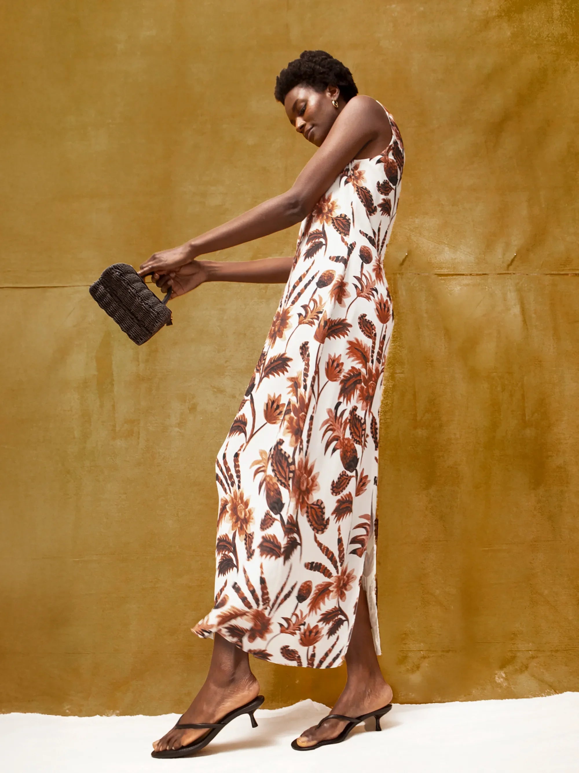 Brown Tropical Floral Linen Blend Dress