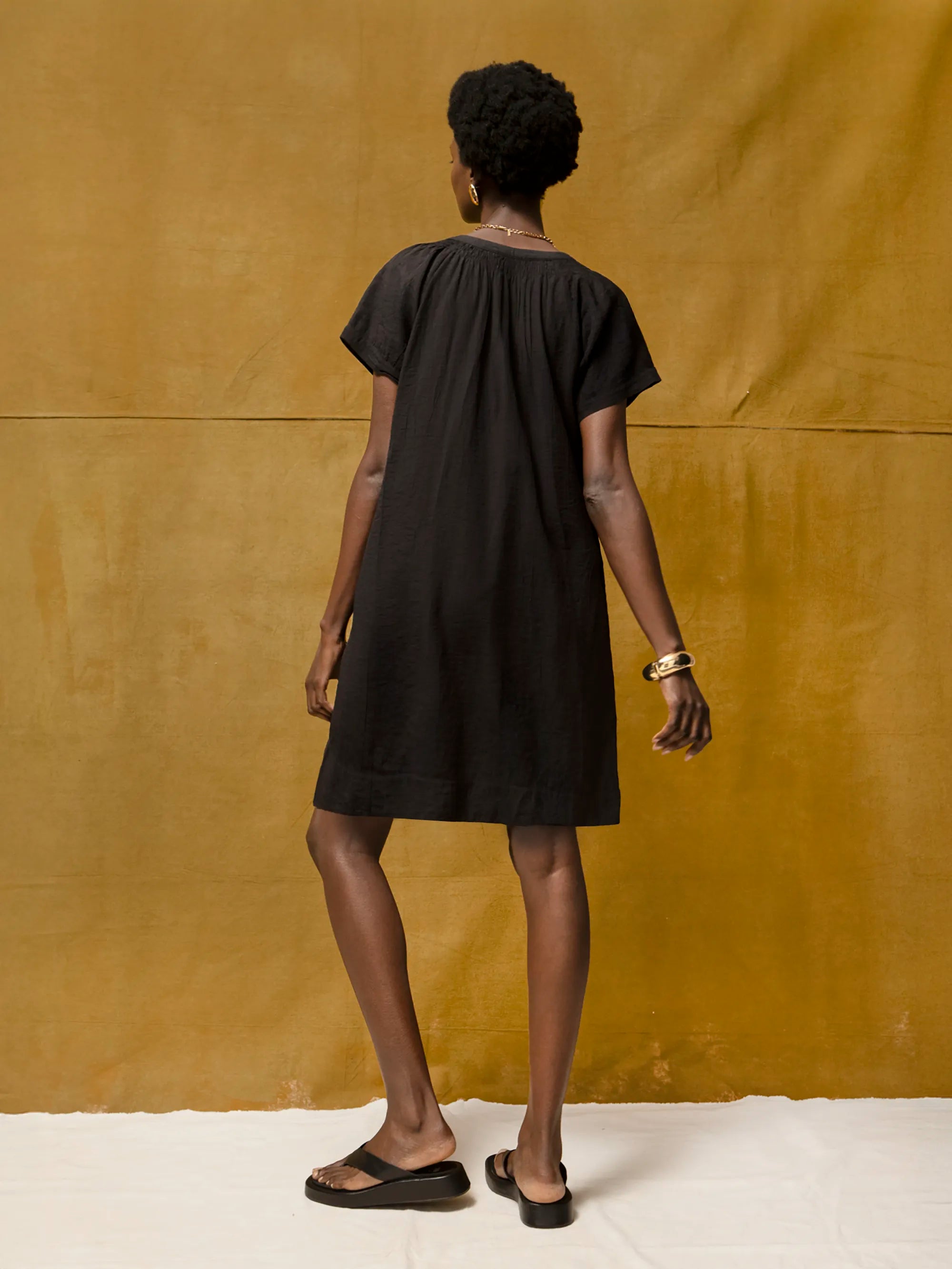 Black Gathered Neck Short Dress