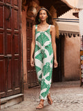 Green Fan Print Square Neck Dress