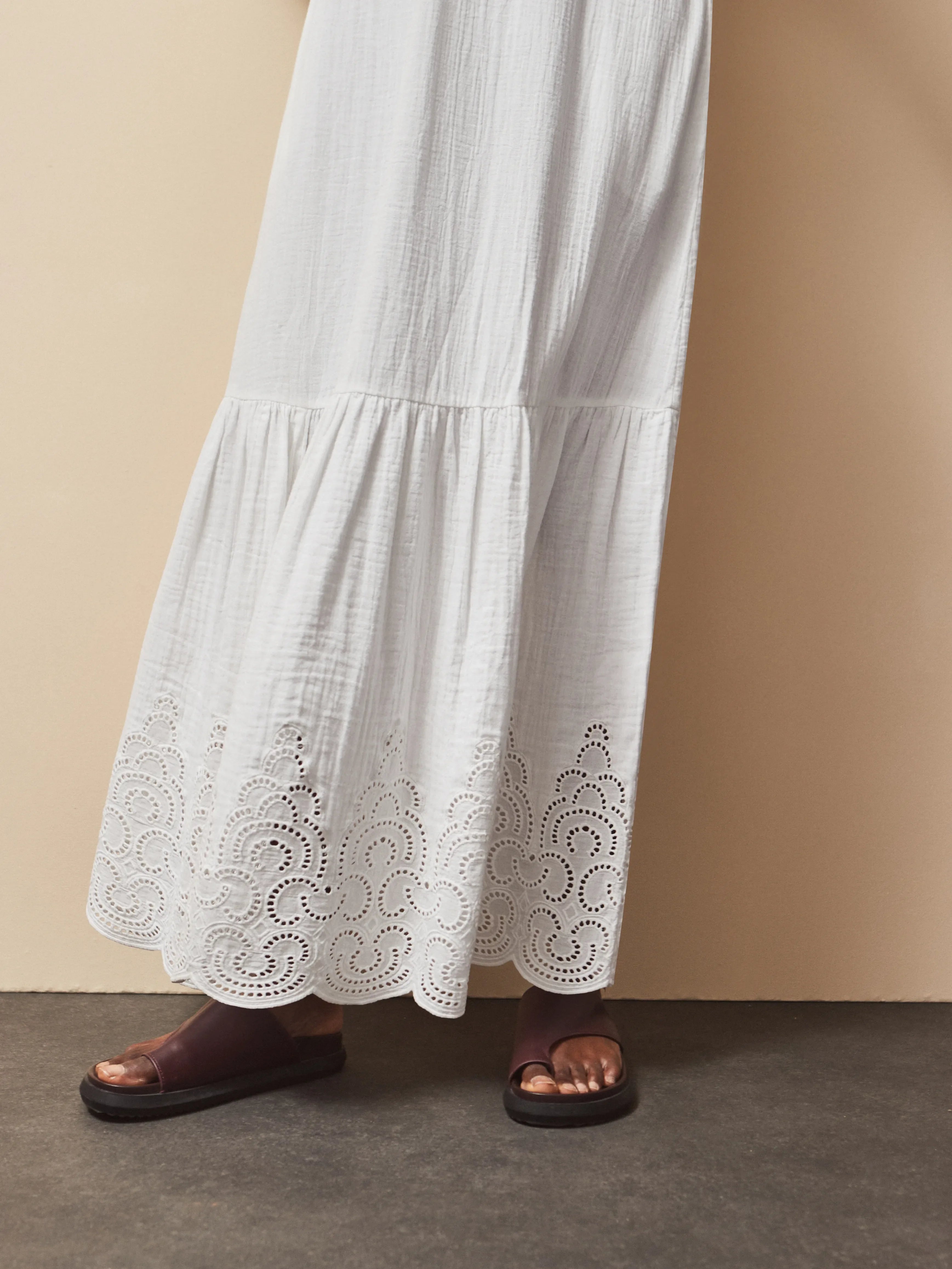White Broderie Hem Cheesecloth Maxi Dress