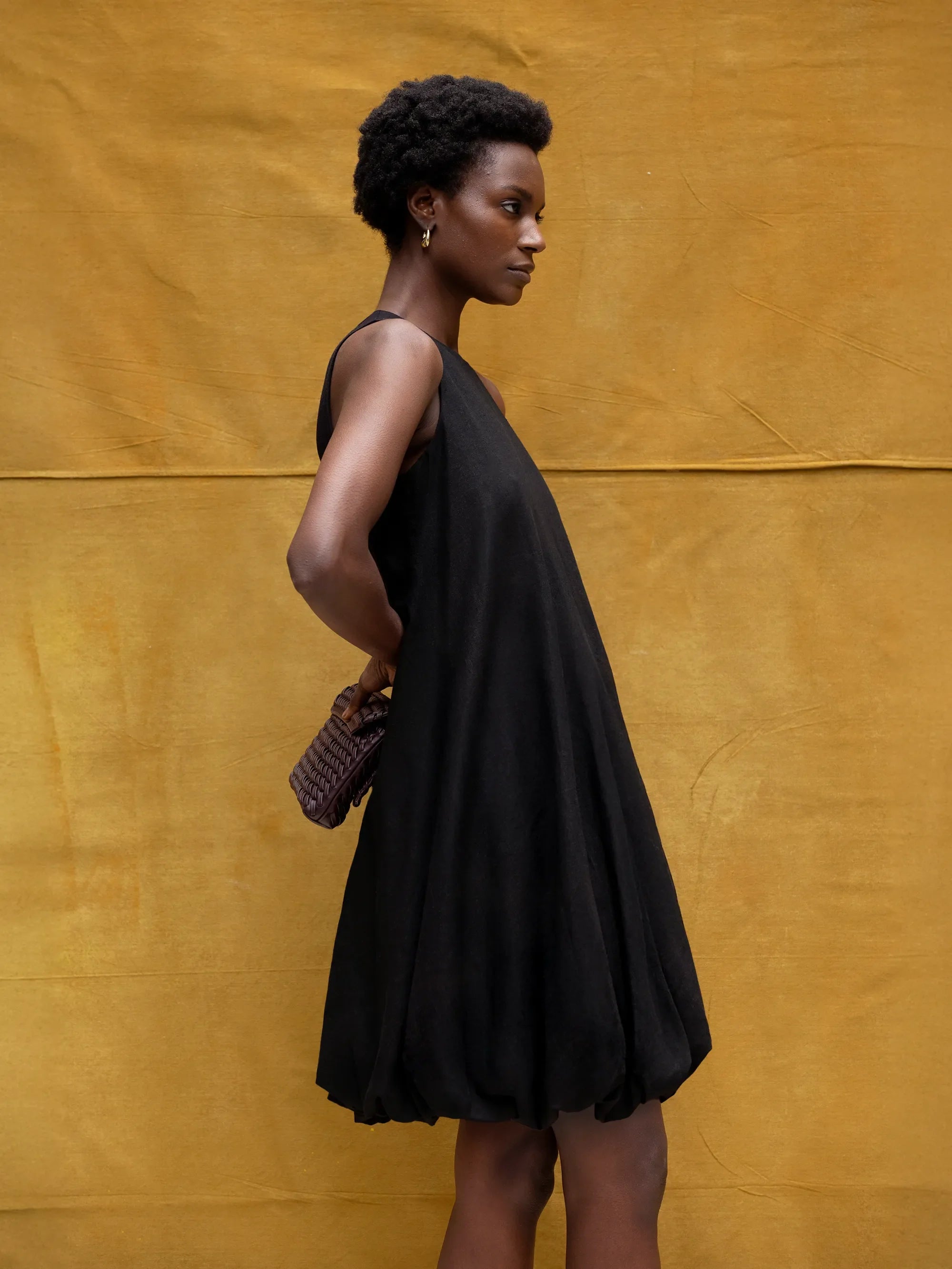 Black Puffball Linen Blend Dress