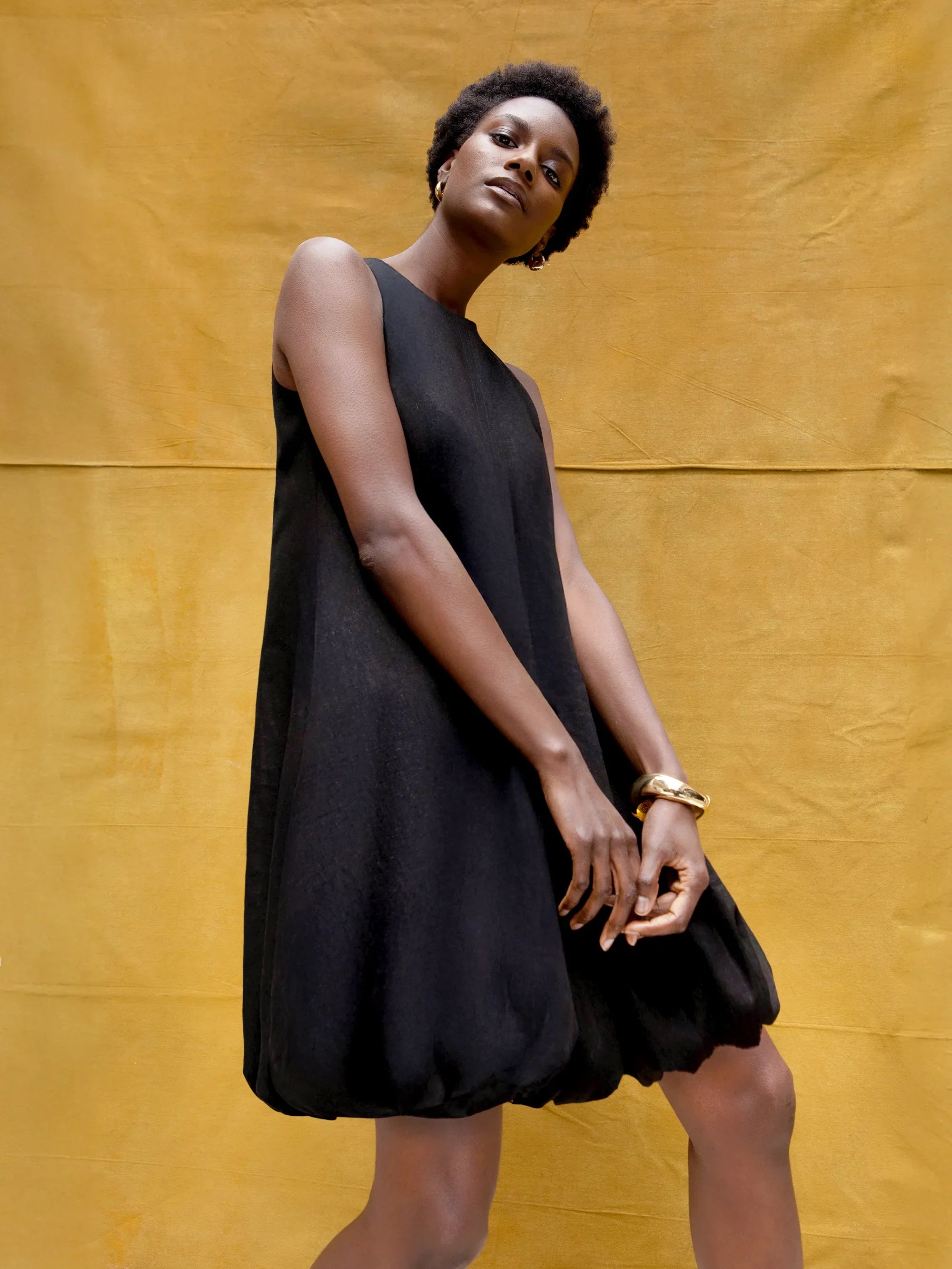 Black Puffball Linen Blend Dress