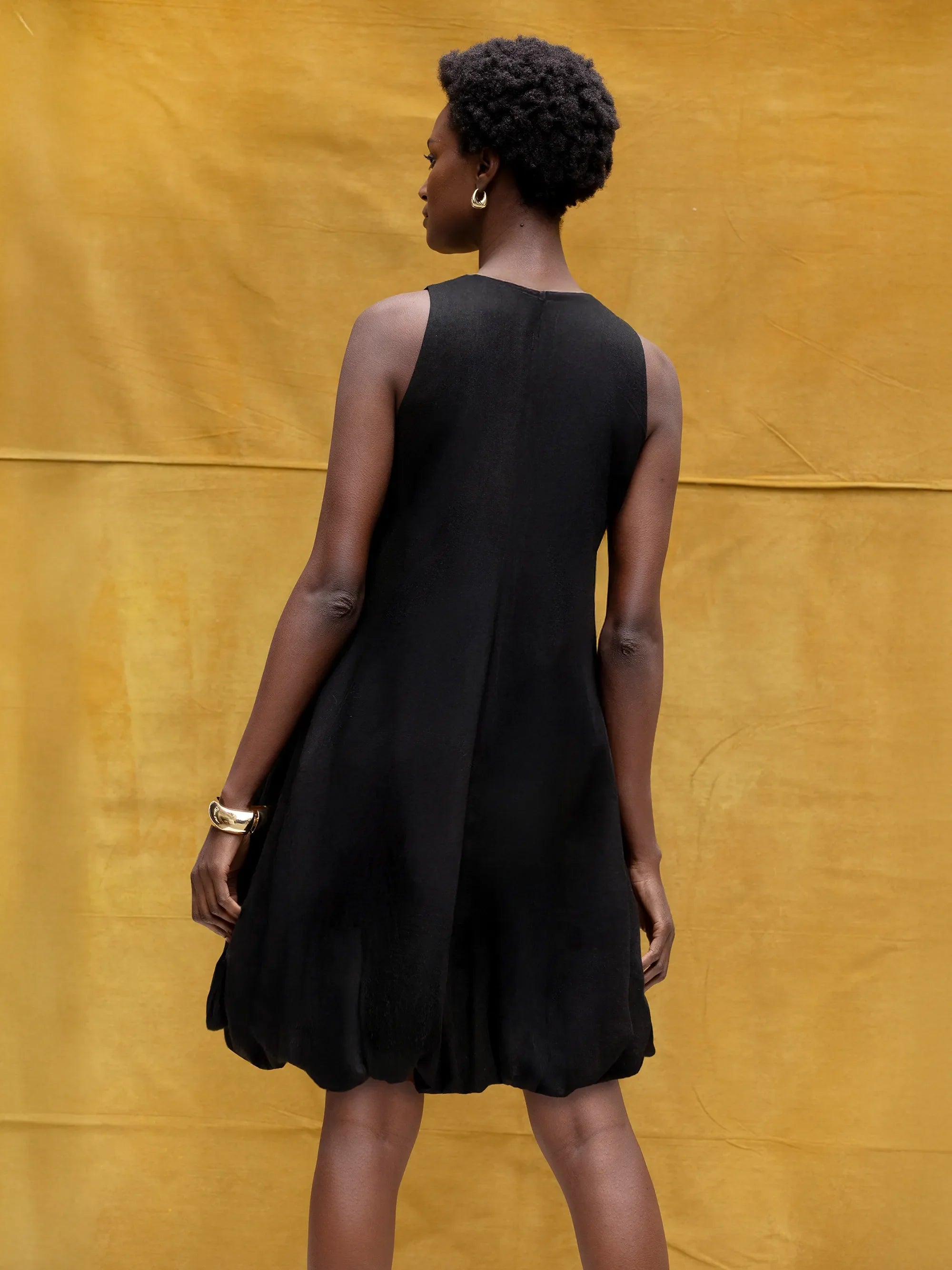 Black Puffball Linen Blend Dress