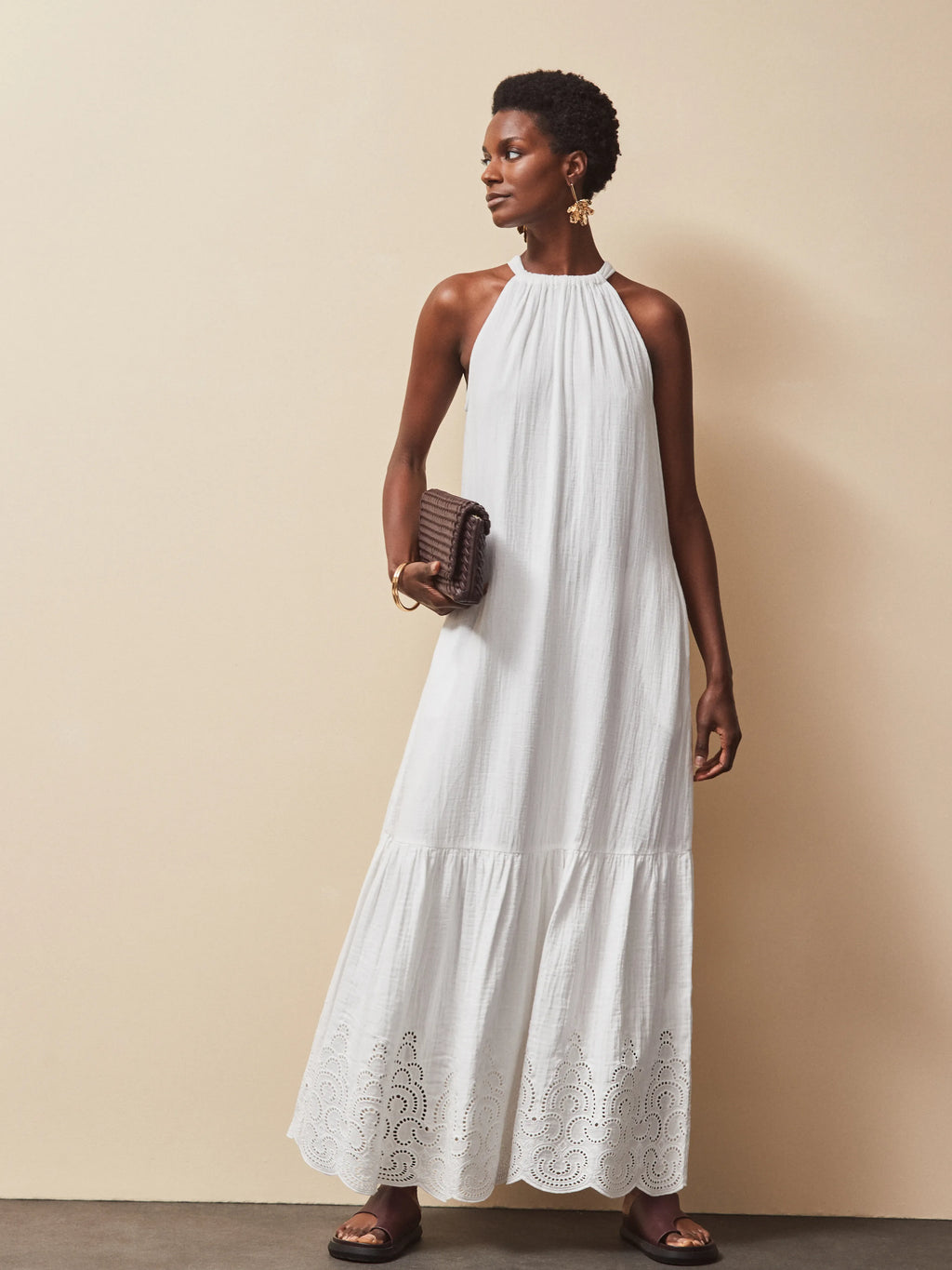 White Broderie Hem Cheesecloth Maxi Dress