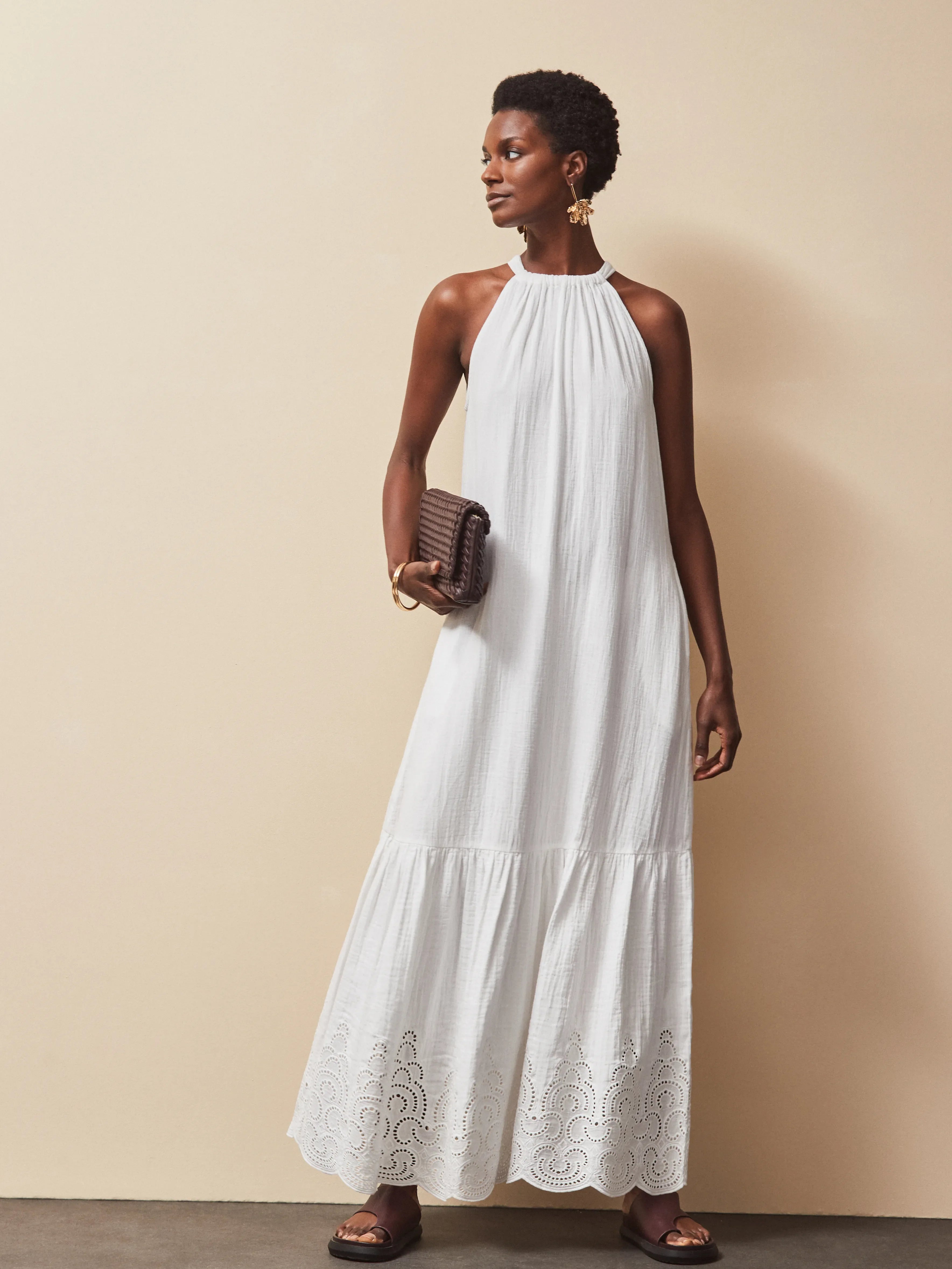 White Broderie Hem Cheesecloth Maxi Dress