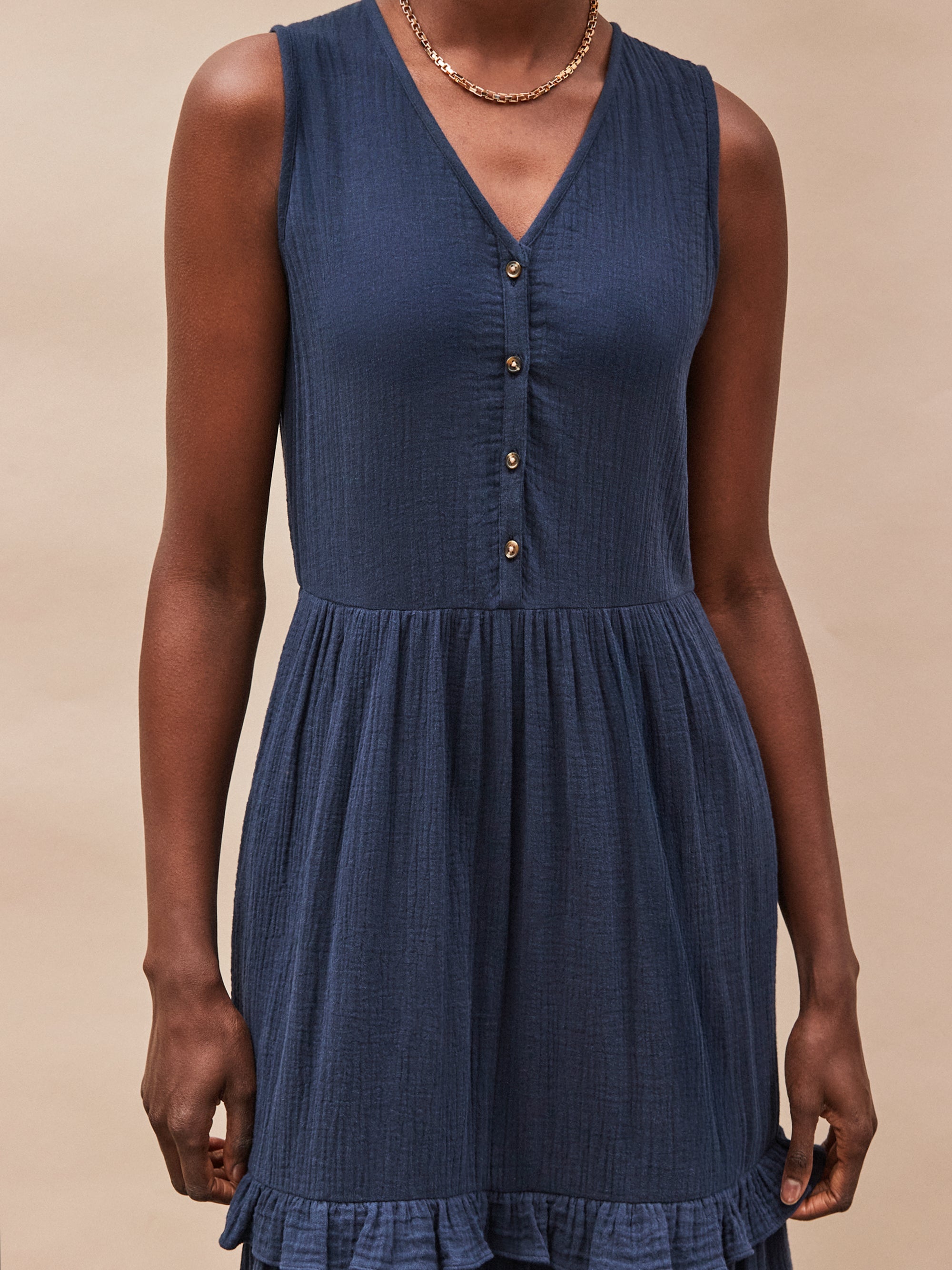 Navy V-Neck Cheesecloth Midaxi Dress