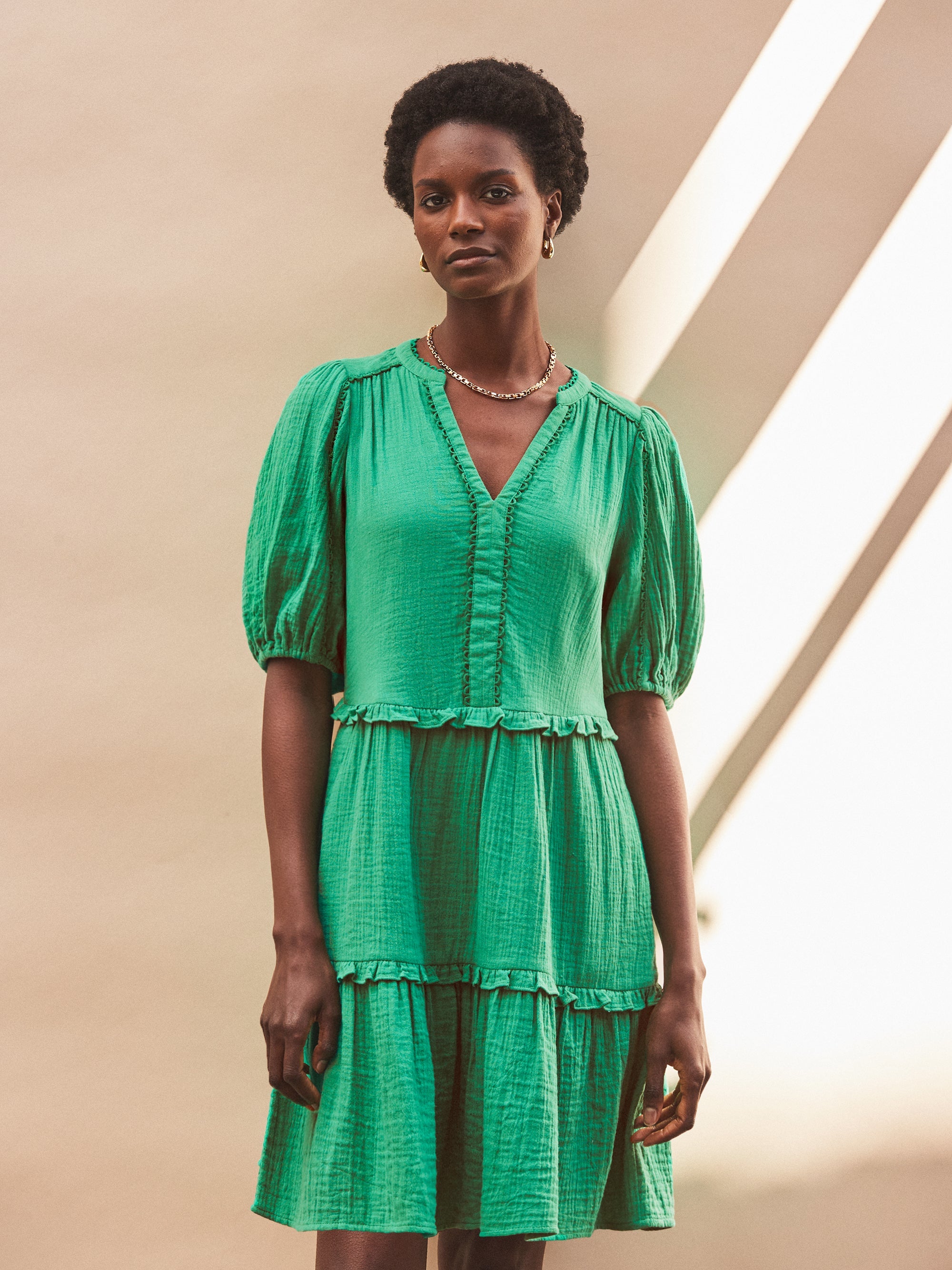 Green Frill-Detail Cheesecloth Mini Dress