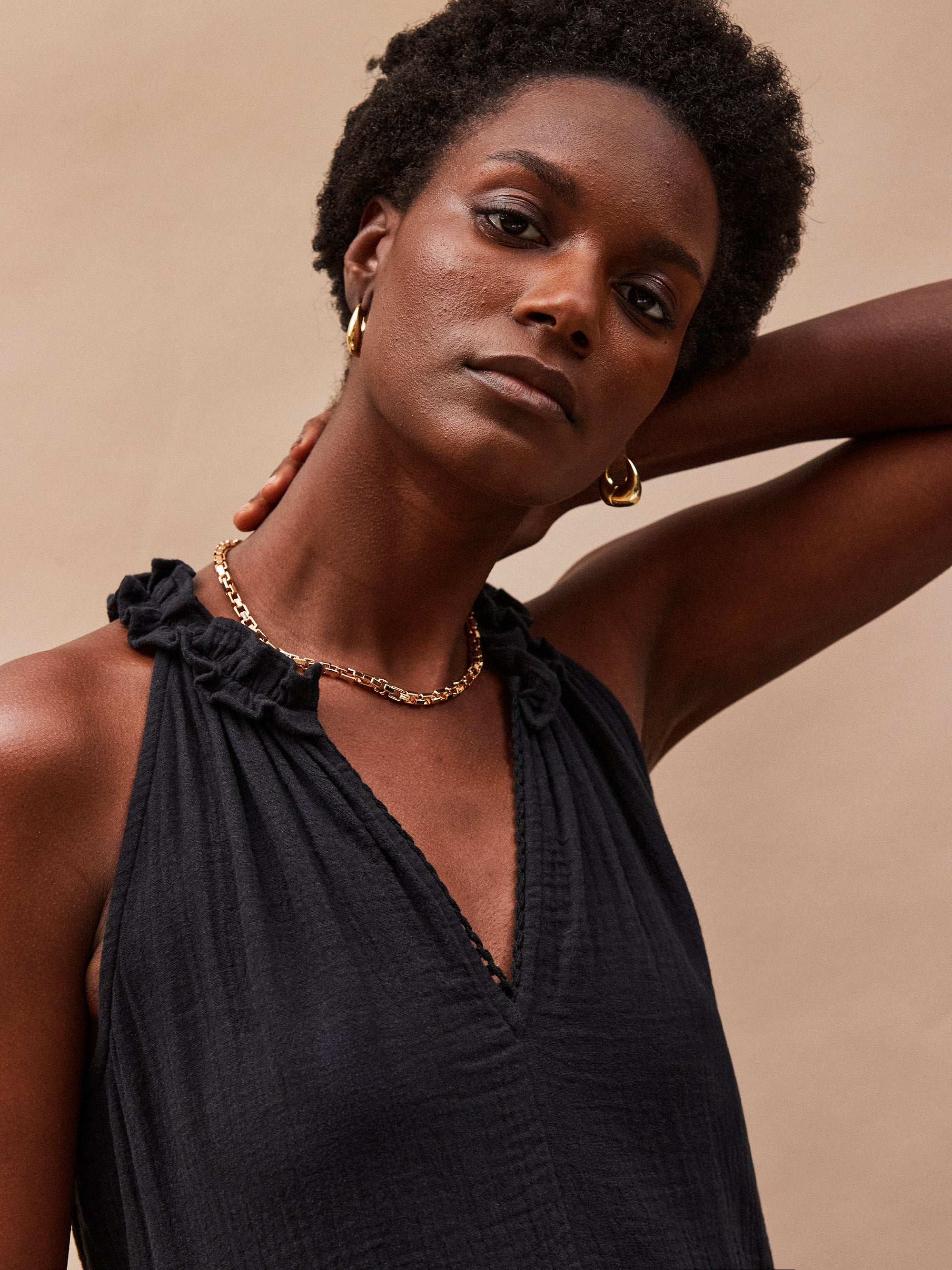Black Frill-Detail Halterneck Cheesecloth Mini Dress