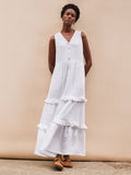 White V-Neck Cheesecloth Midaxi Dress