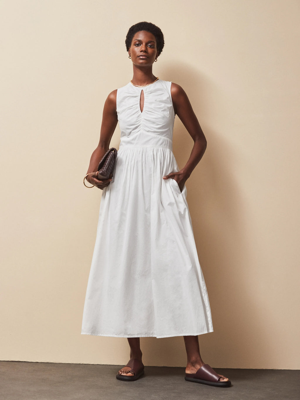 White Cotton Voile Keyhole Front Midi Dress