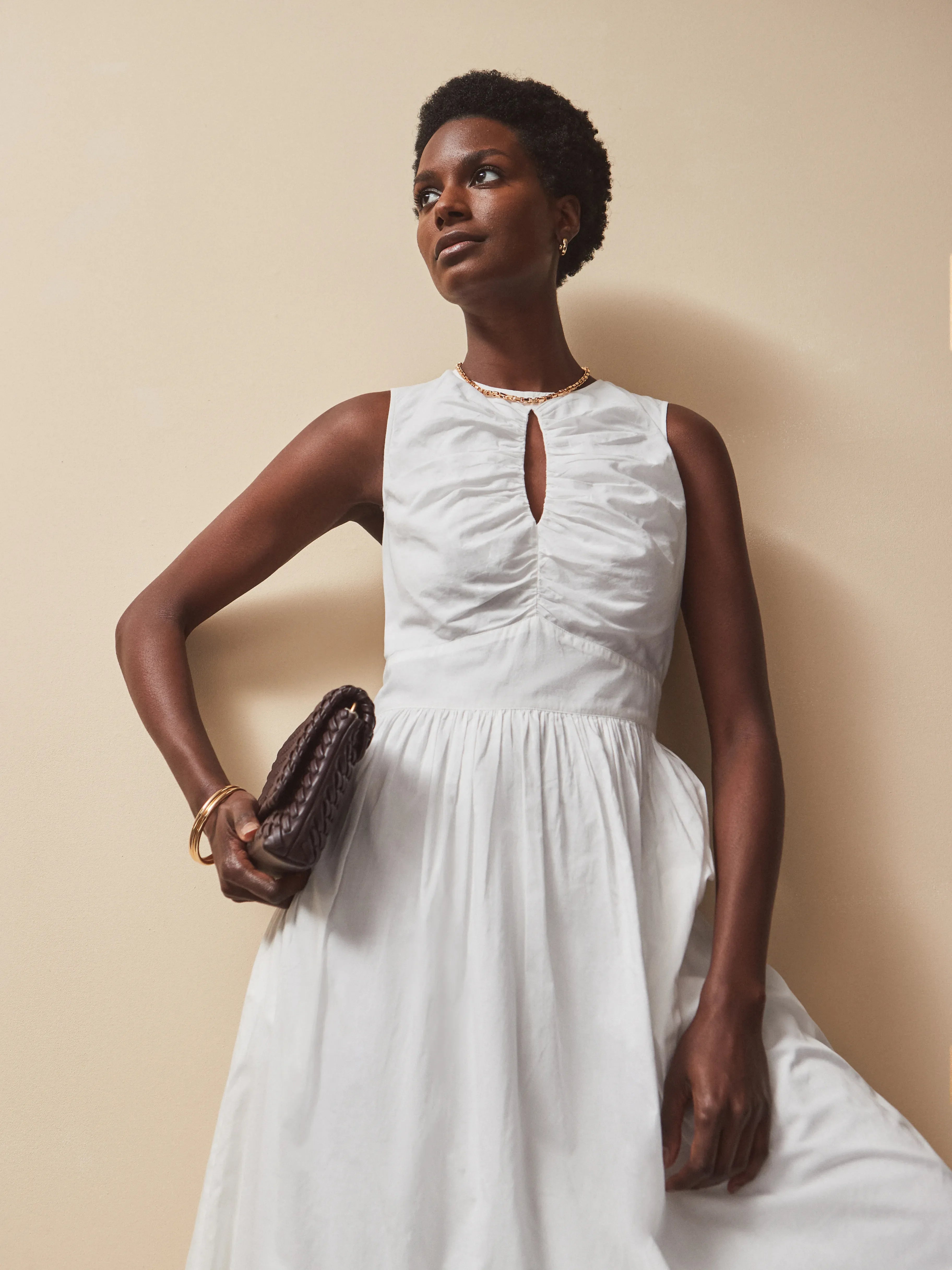 White Cotton Voile Keyhole Front Midi Dress