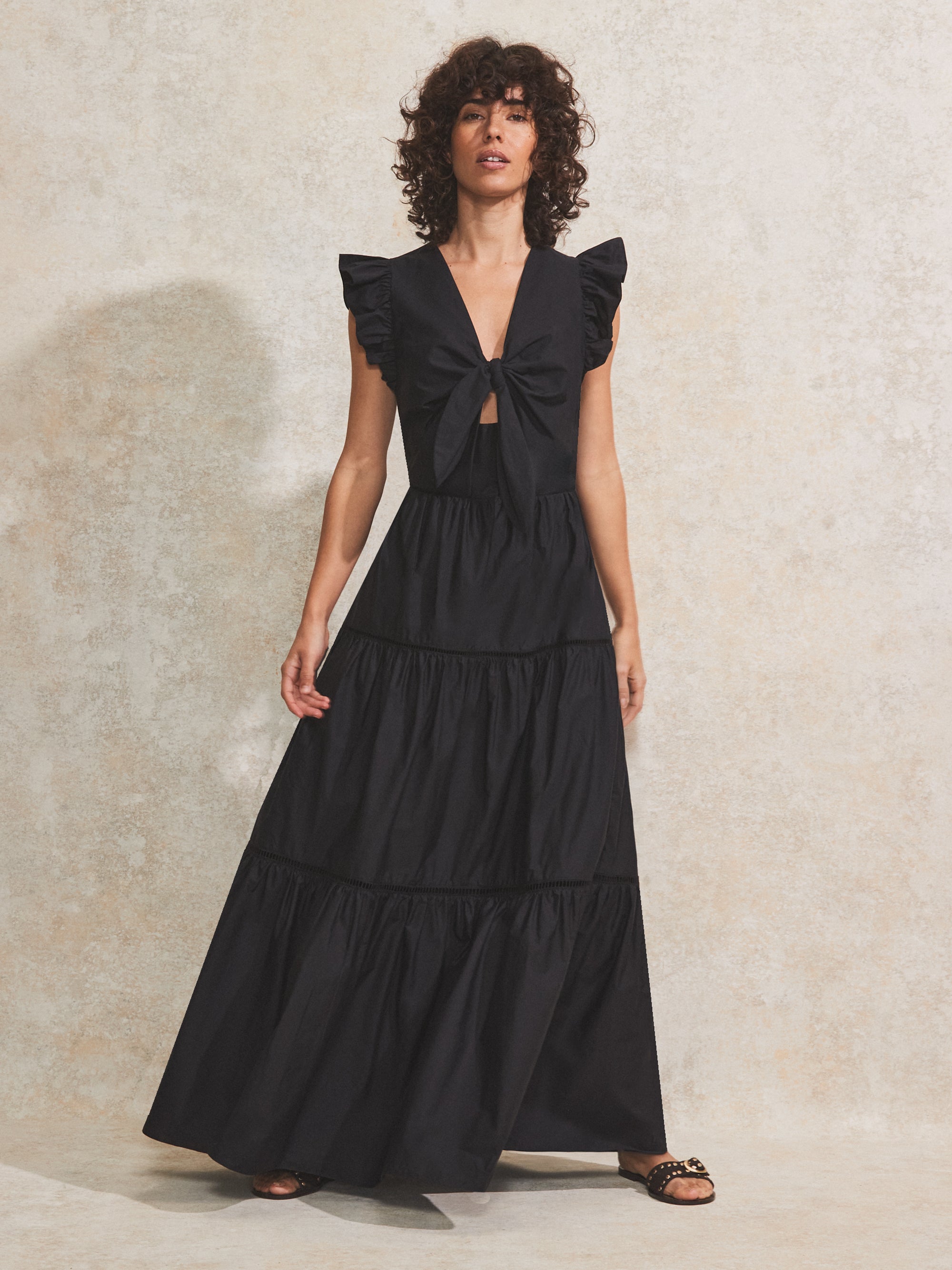Black Tiered Cotton-Poplin Maxi Dress