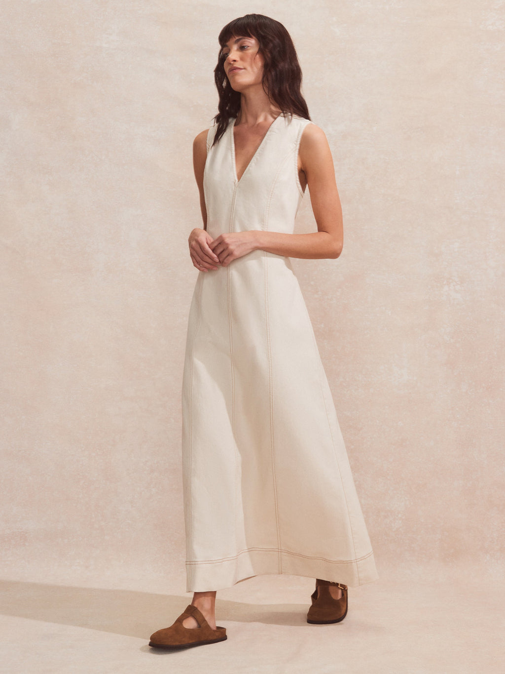 Ecru V-Neck Denim Maxi Dress