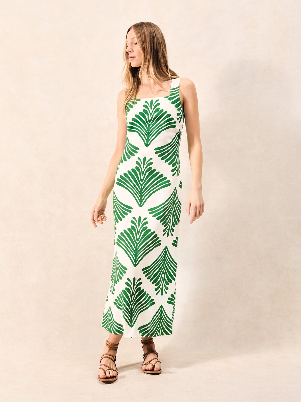 Green Fan Print Square Neck Dress