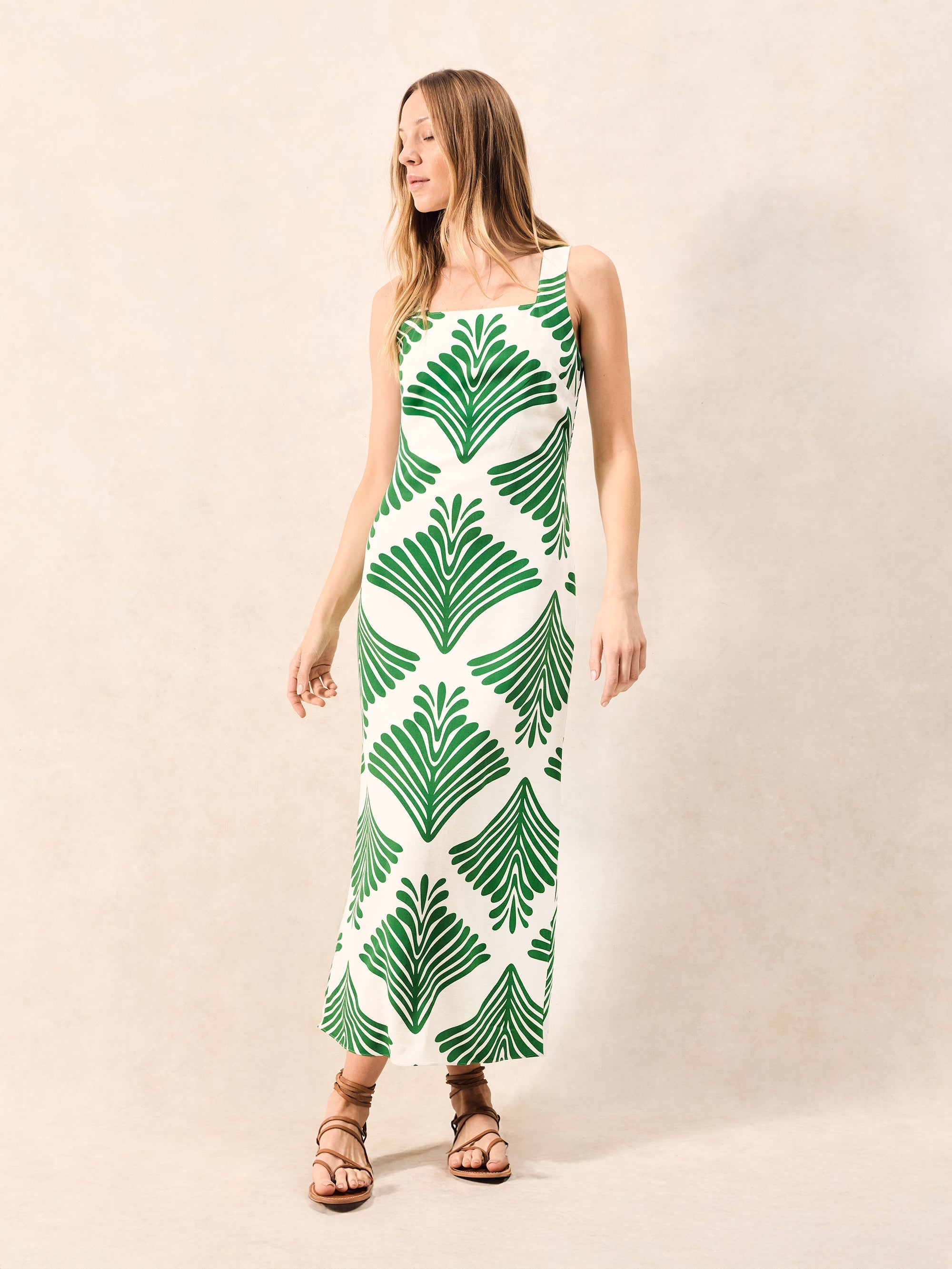 Green Fan Print Square Neck Dress
