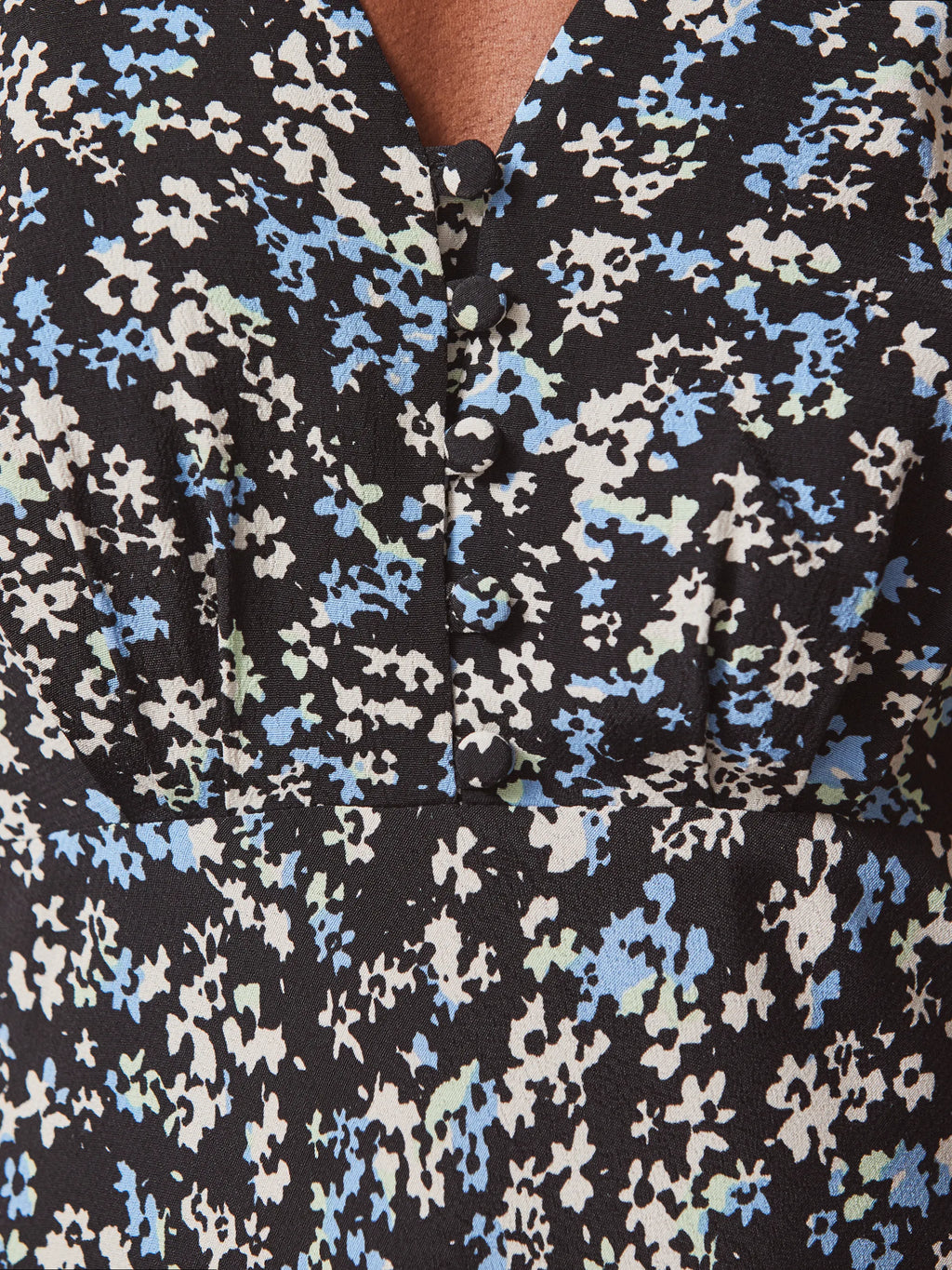 Blue Ditsy Print Shirred Cuff Midi Dress