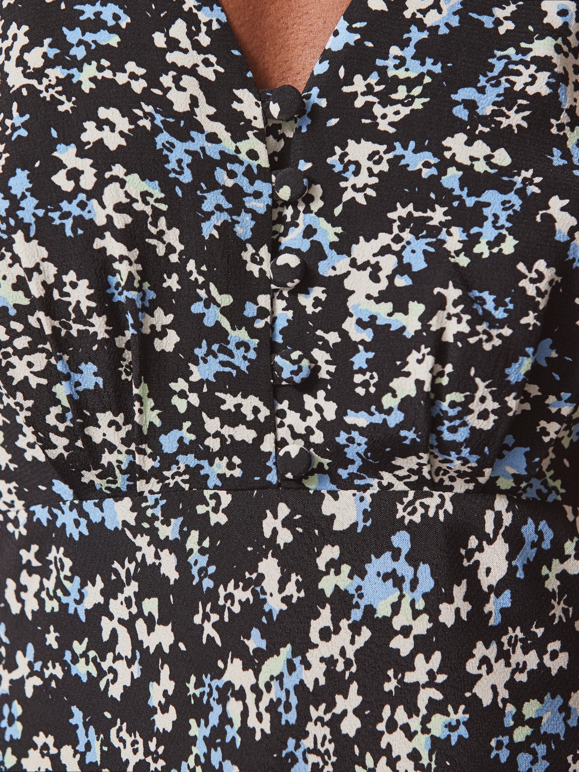 Blue Ditsy Print Shirred Cuff Midi Dress