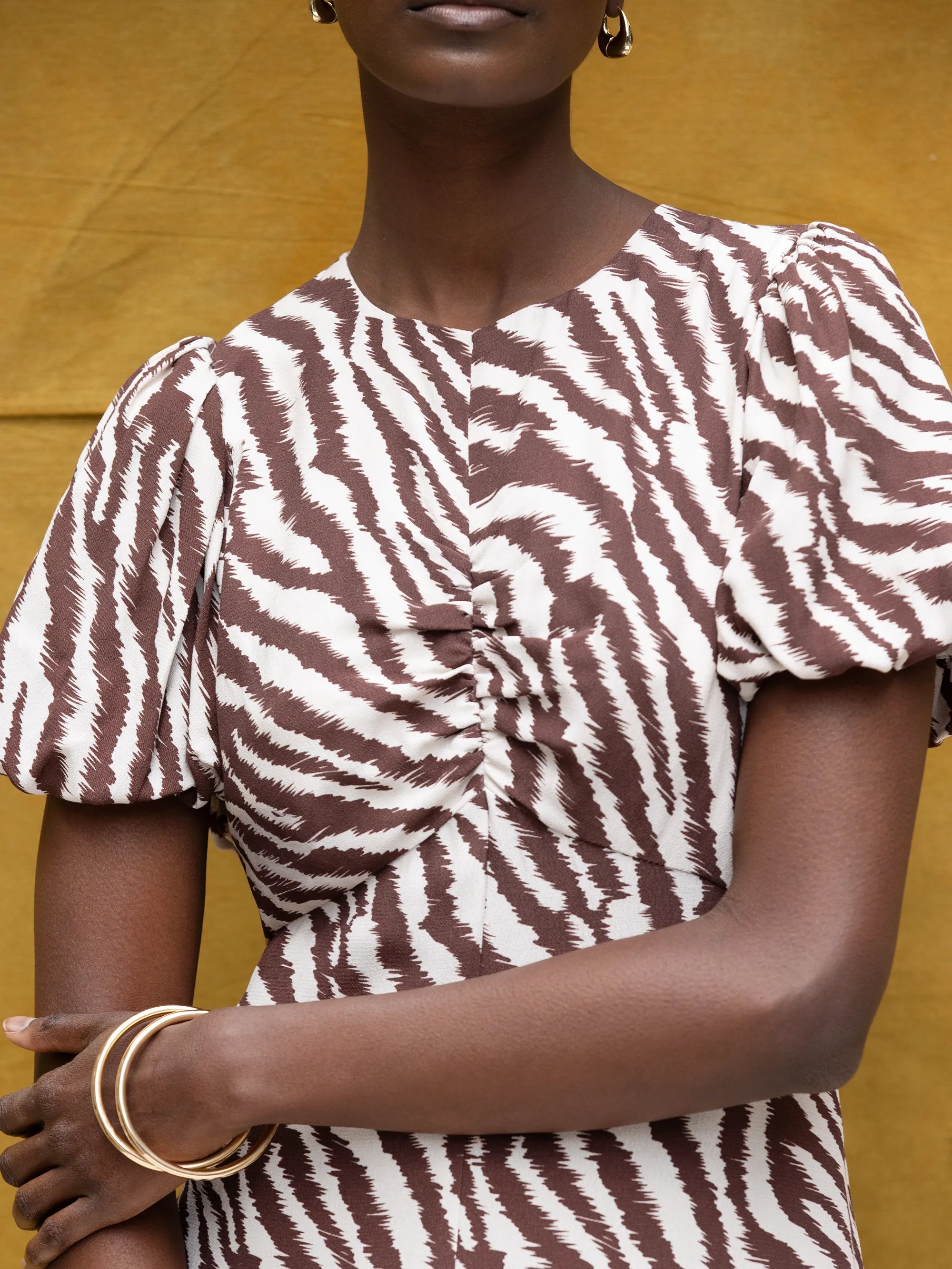 Brown Zebra Print Puff Sleeve Dress