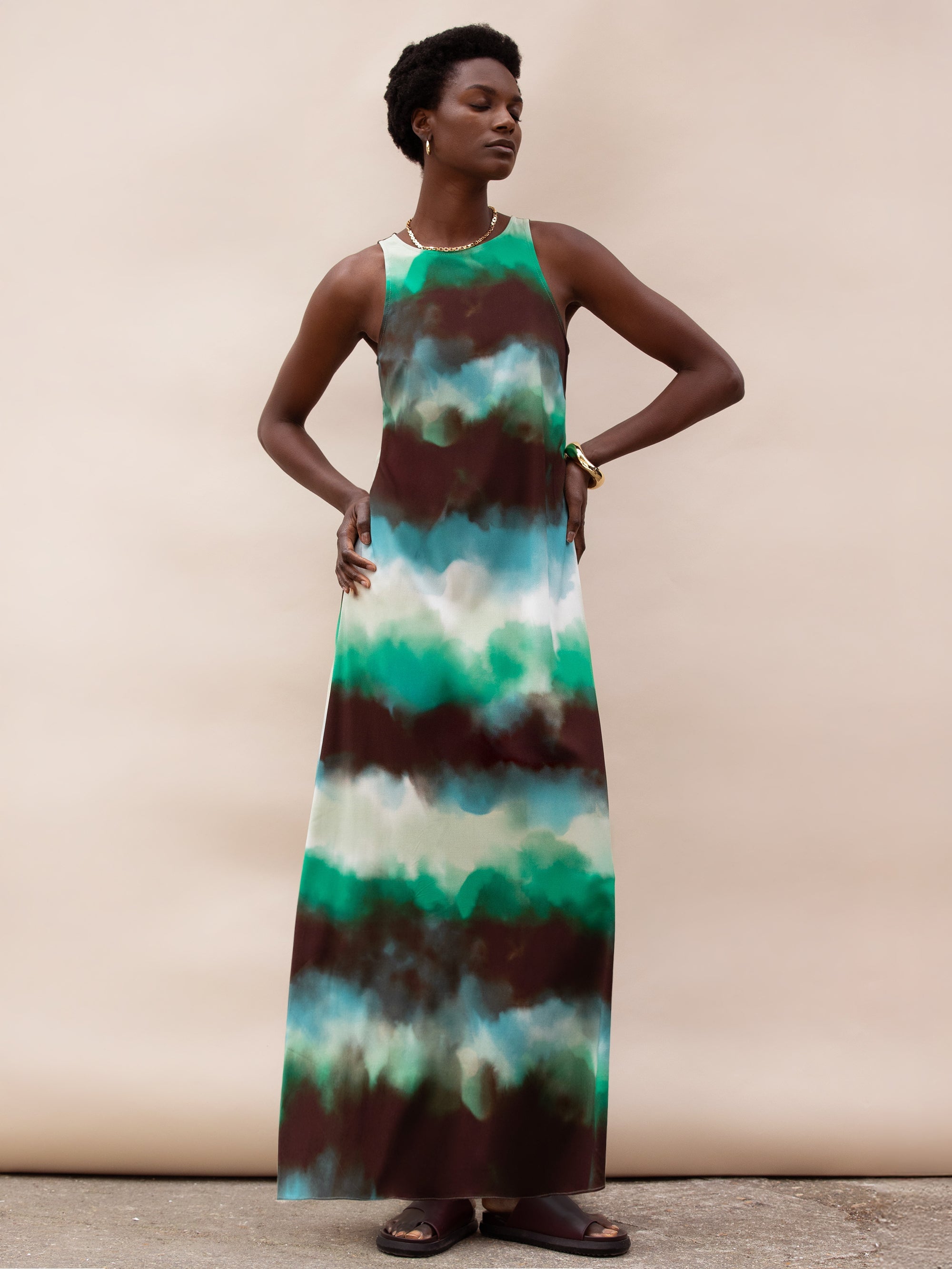 Green Watercolour Print Midi Dress