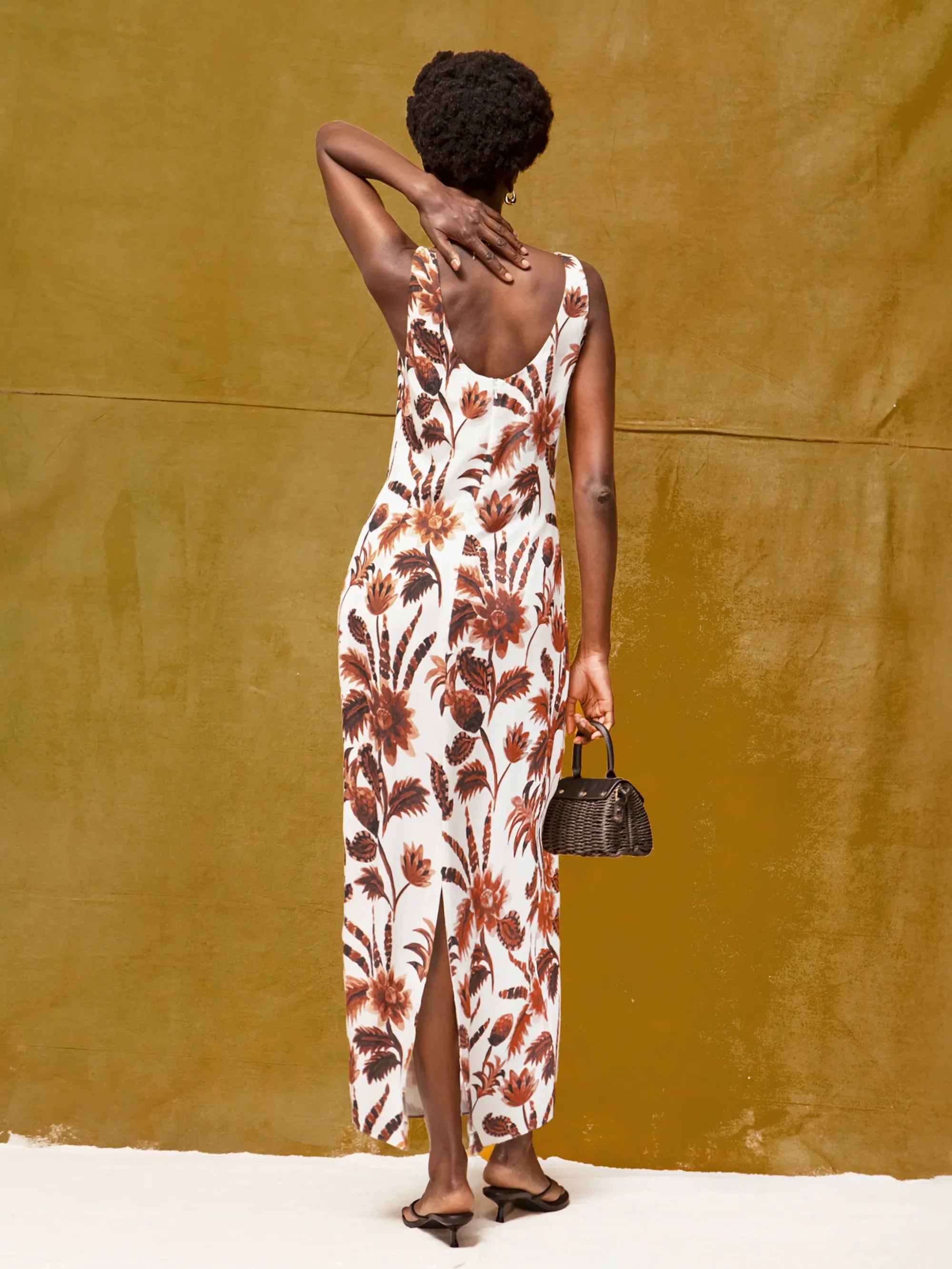 Brown Tropical Floral Linen Blend Dress