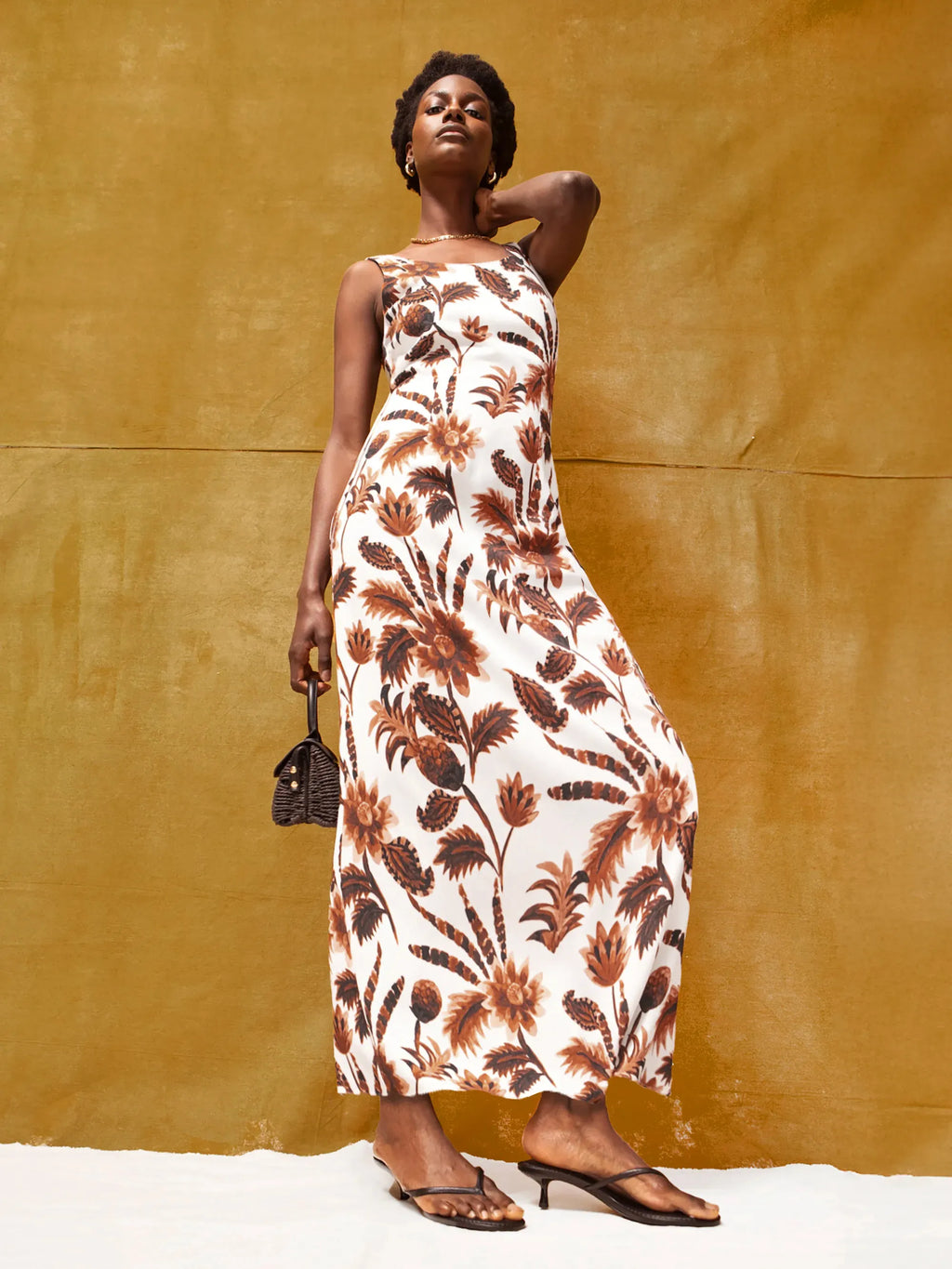 Brown Tropical Floral Linen Blend Dress
