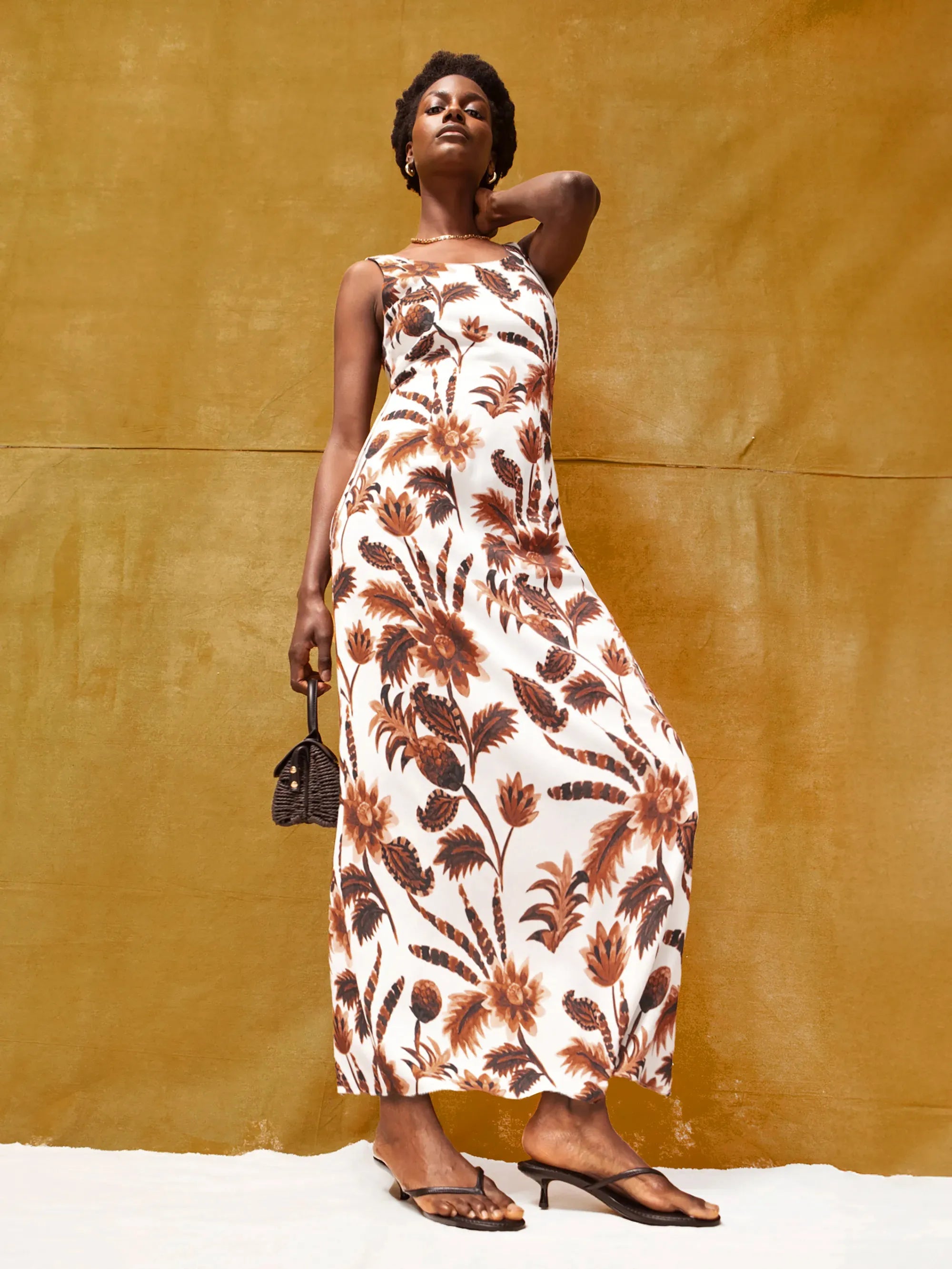 Brown Tropical Floral Linen Blend Dress